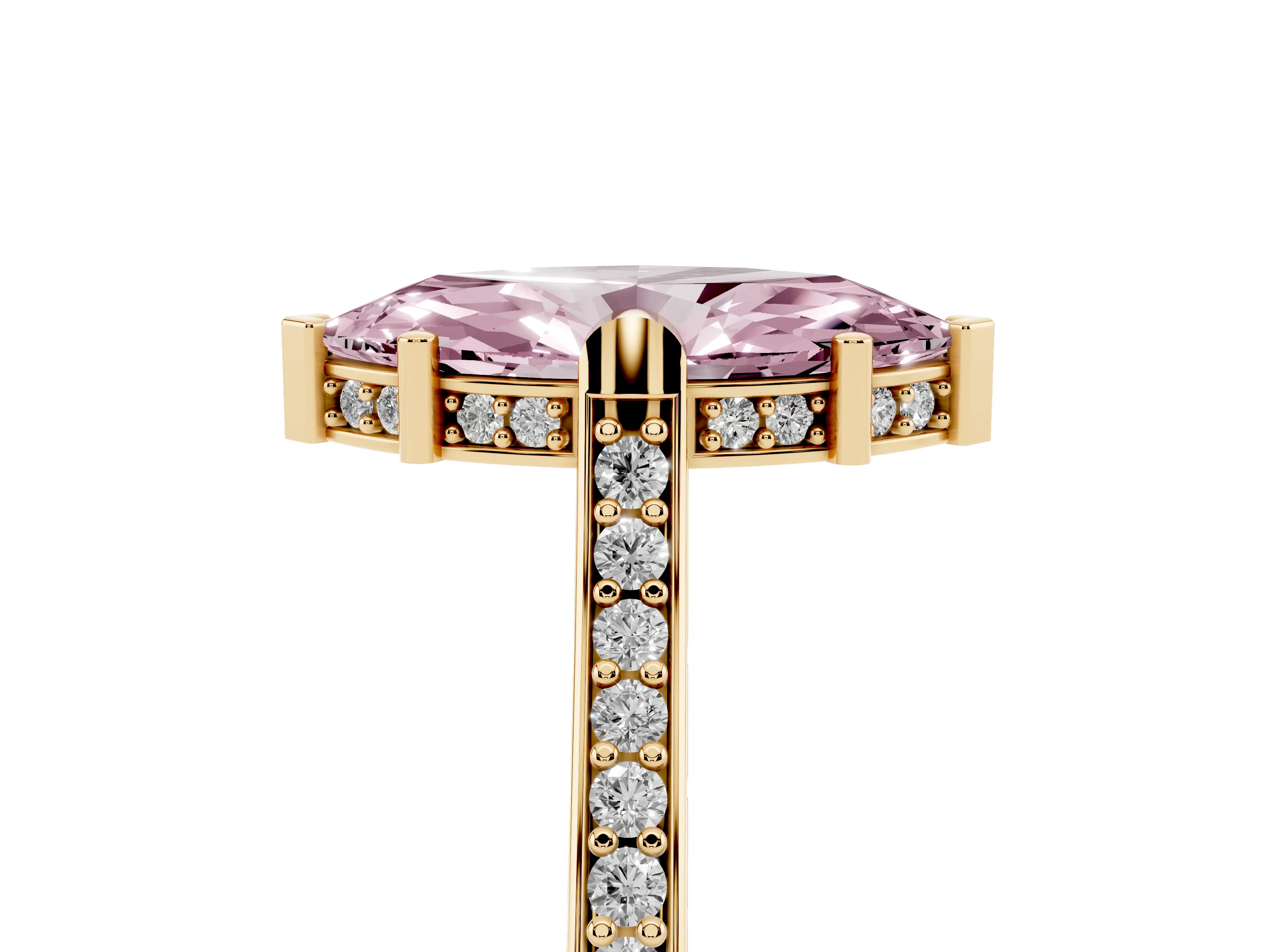 Fancy Pink Marquise Cut Diamond Solitaire Ring Set in Yellow gold with Channel Set Band and Bezel Prong Setting