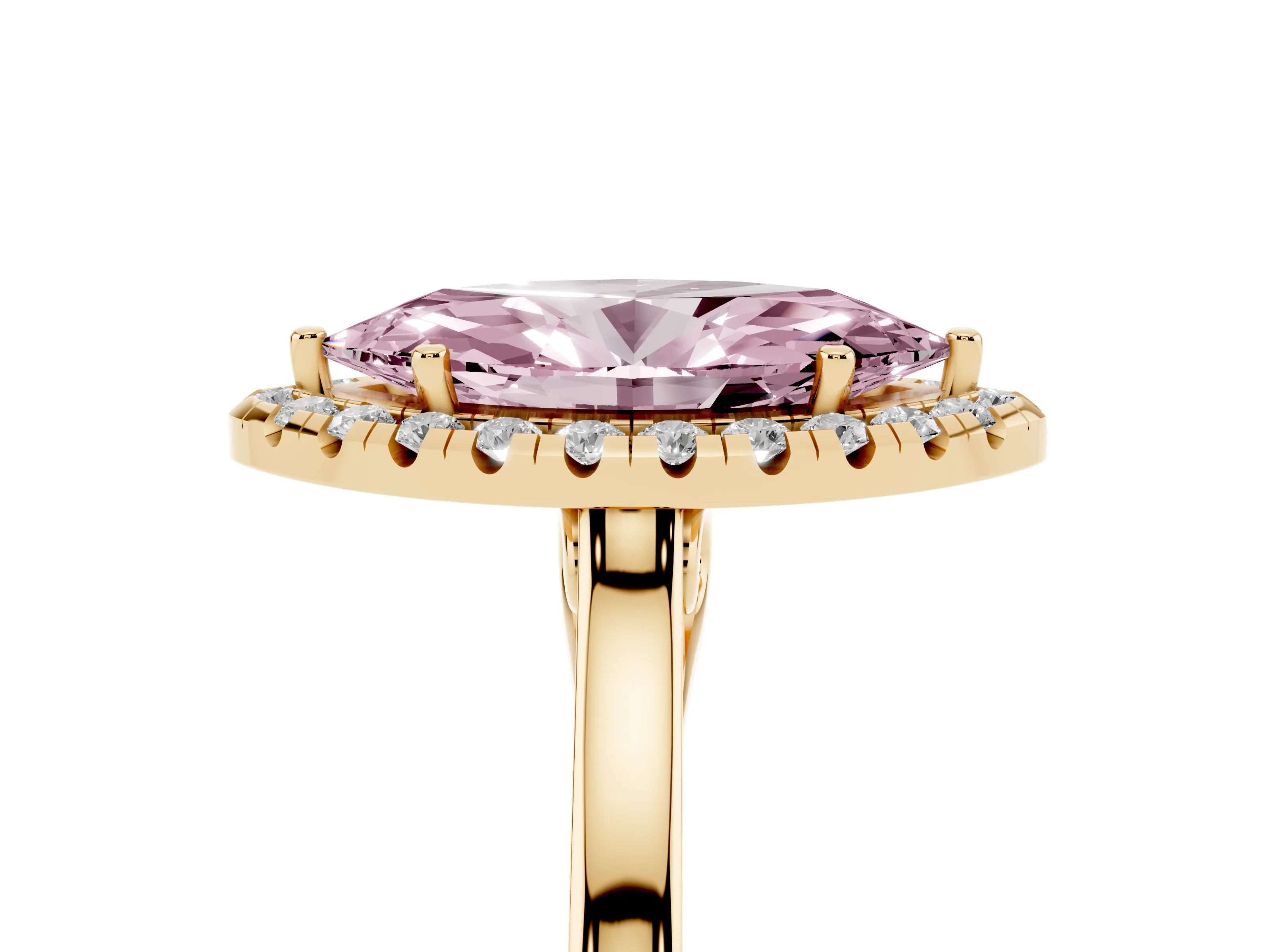 Fancy Pink Marquise Cut Halo Round Diamond Solitaire Ring Set in Yellow gold with Pavé Band and Prong Setting