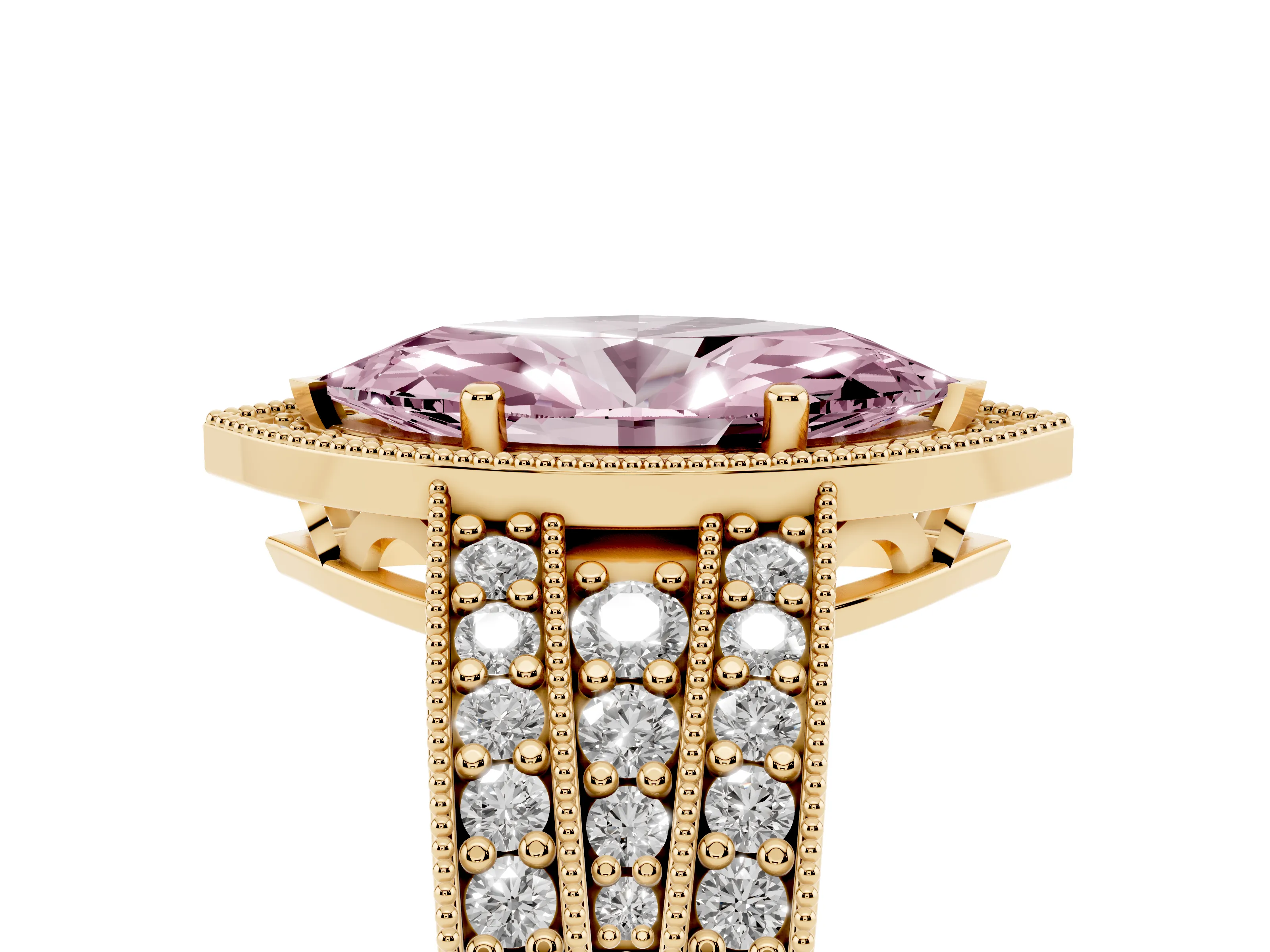 Fancy Pink Marquise Cut Diamond Halo Ring Set in Yellow gold with Accent Split Shank and Prong Setting
