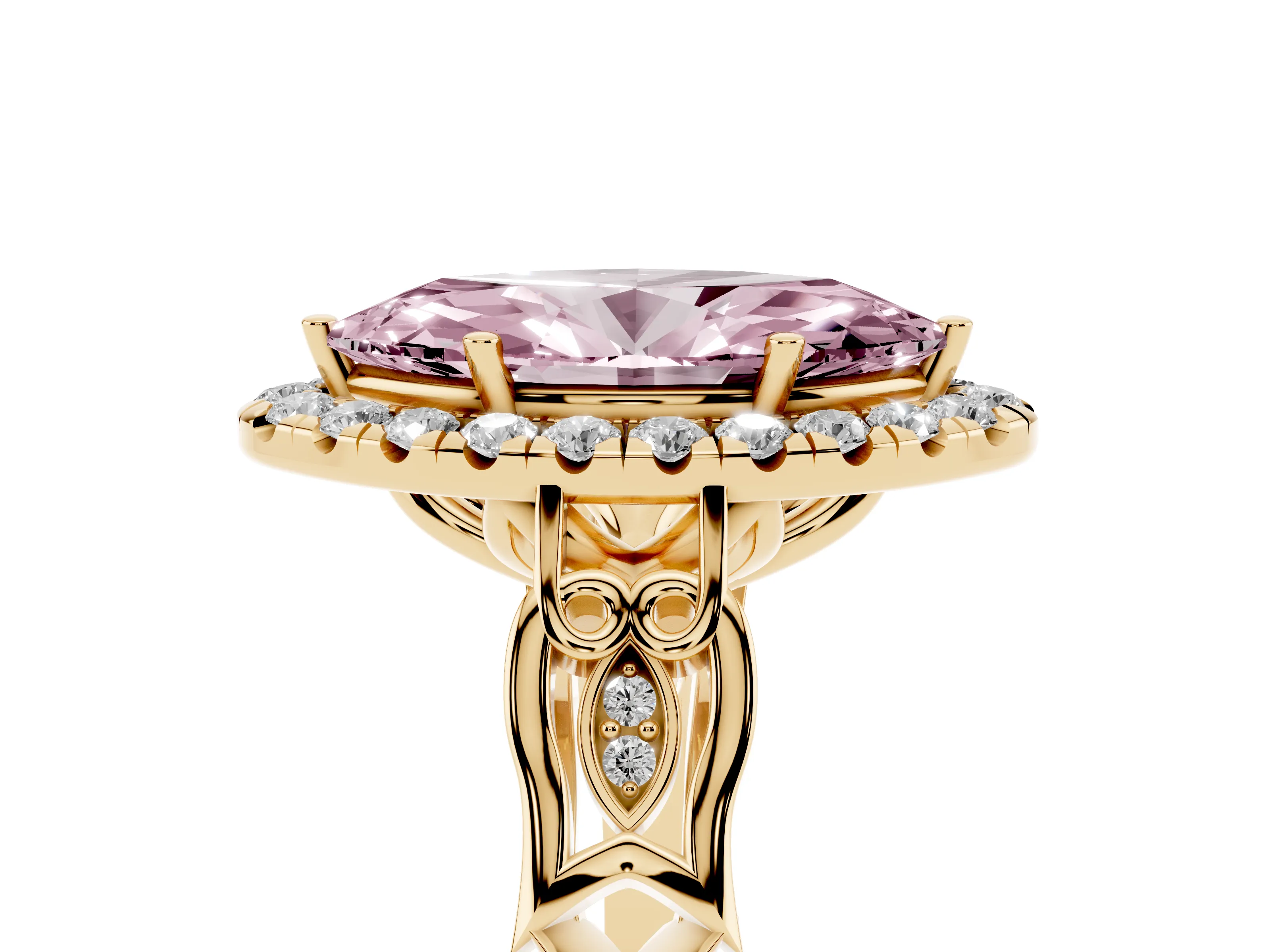 Fancy Pink Marquise Cut Diamond Halo Engagement Ring Set in Yellow gold with Filigree Band and Prong-Set Center