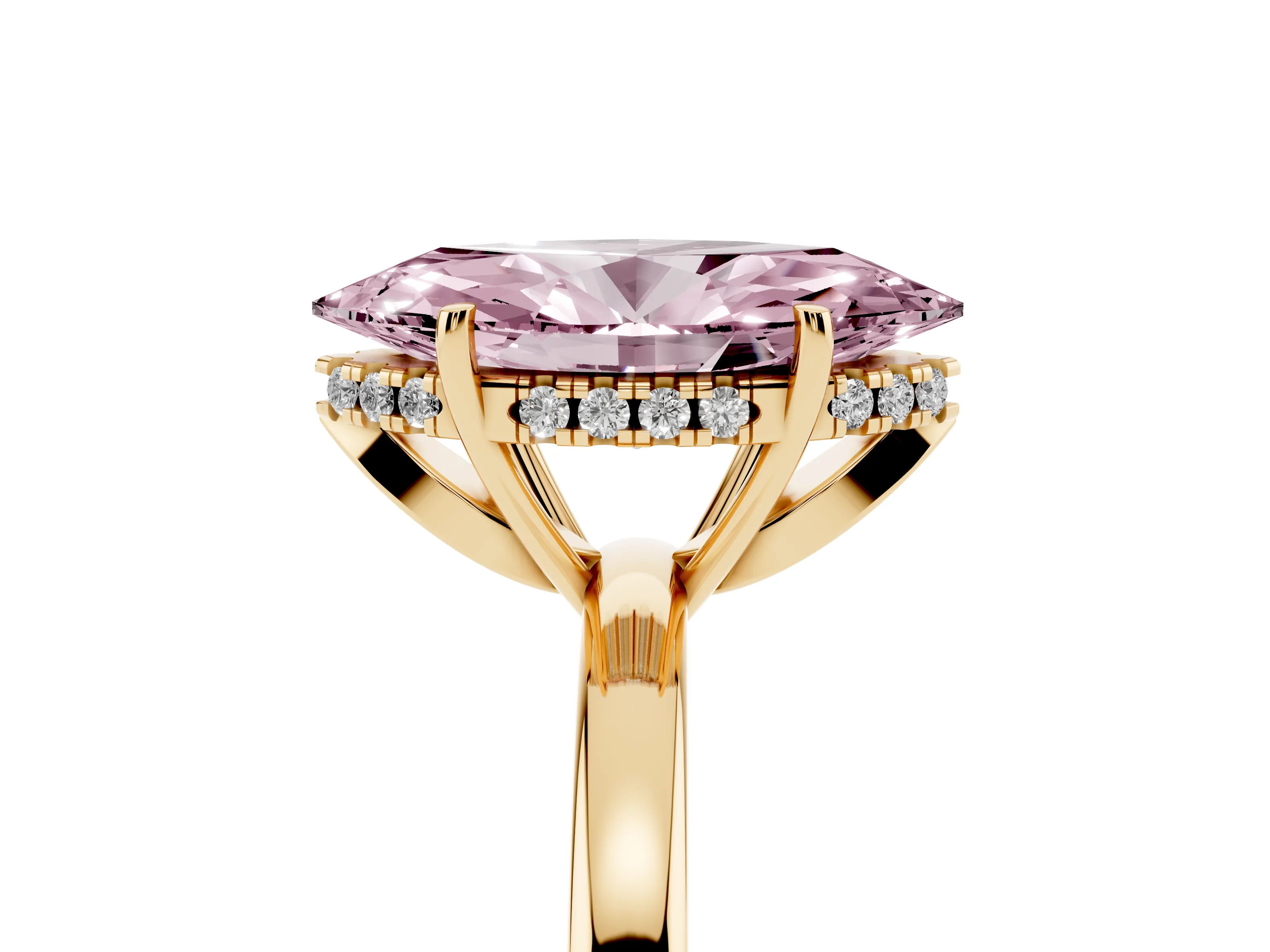 Fancy Pink Marquise Cut Diamond Solitaire Ring Set in Yellow gold with Plain Band and Prong Setting