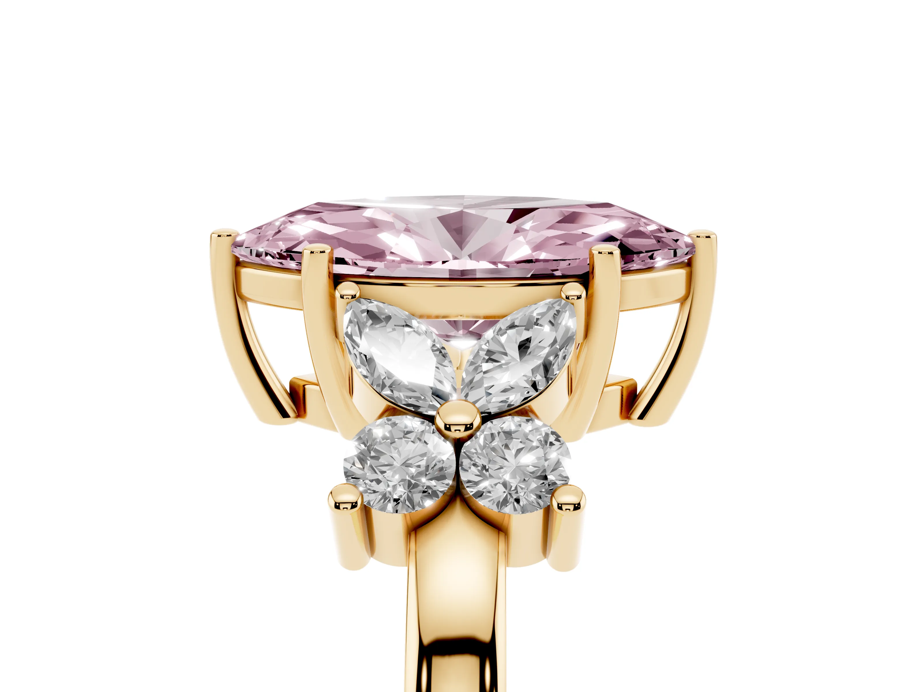 Fancy Pink Marquise Cut Diamond Floral Cluster Ring Set in Yellow gold with Marquise Petals and Prong Setting