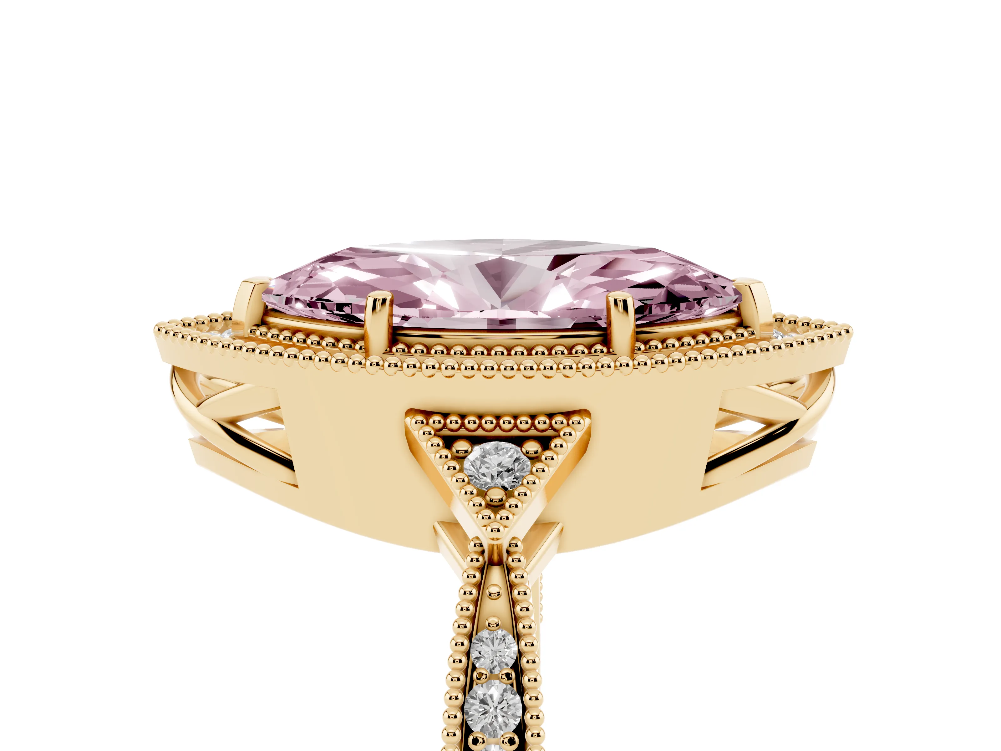 Fancy Pink Marquise Cut Diamond Halo Engagement Ring Set in Yellow gold with Milgrain Pavé Band