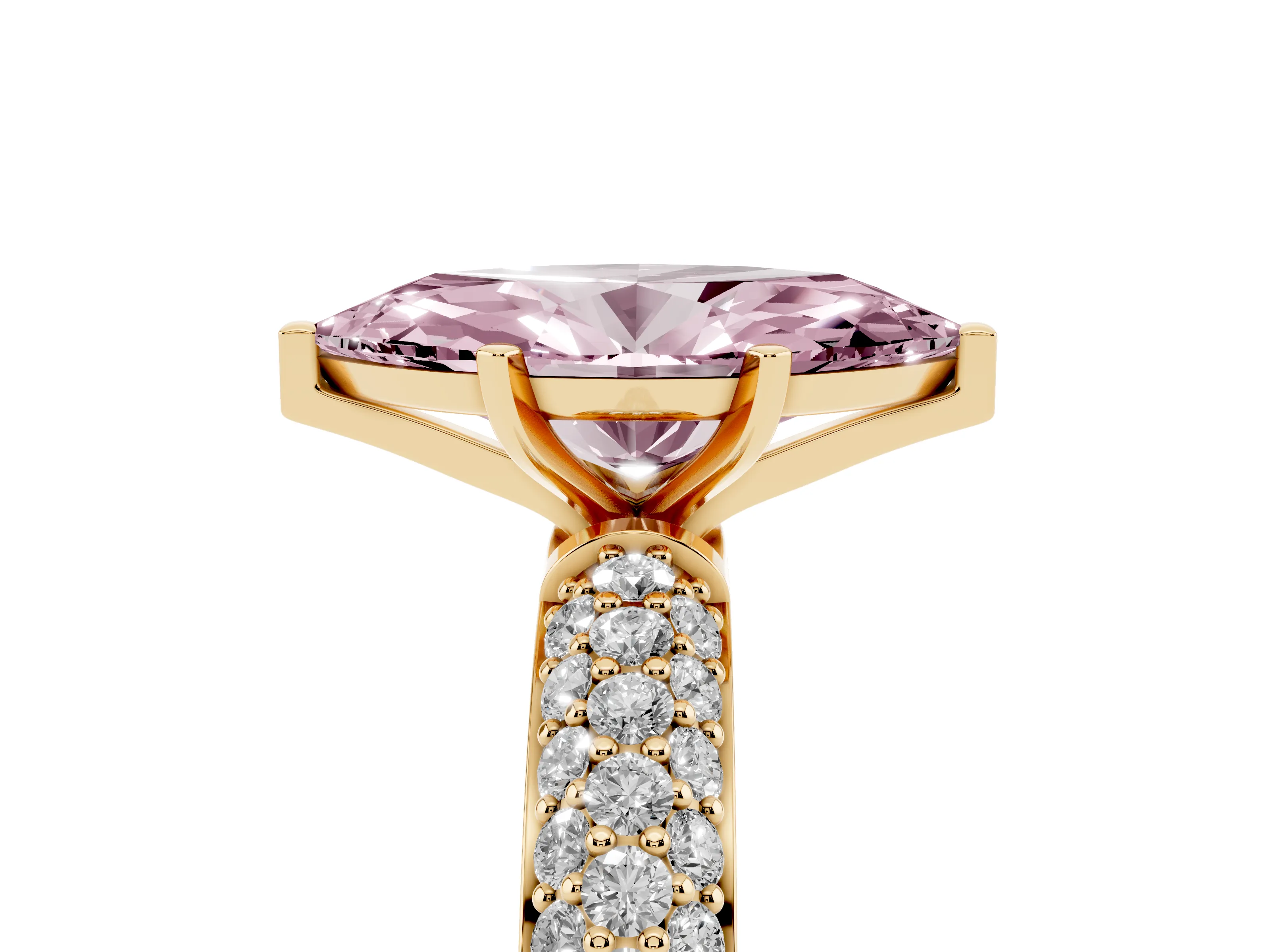 Fancy Pink Marquise Cut Diamond Solitaire Ring Set in Yellow gold with Prong Setting and Pavé-Set Band