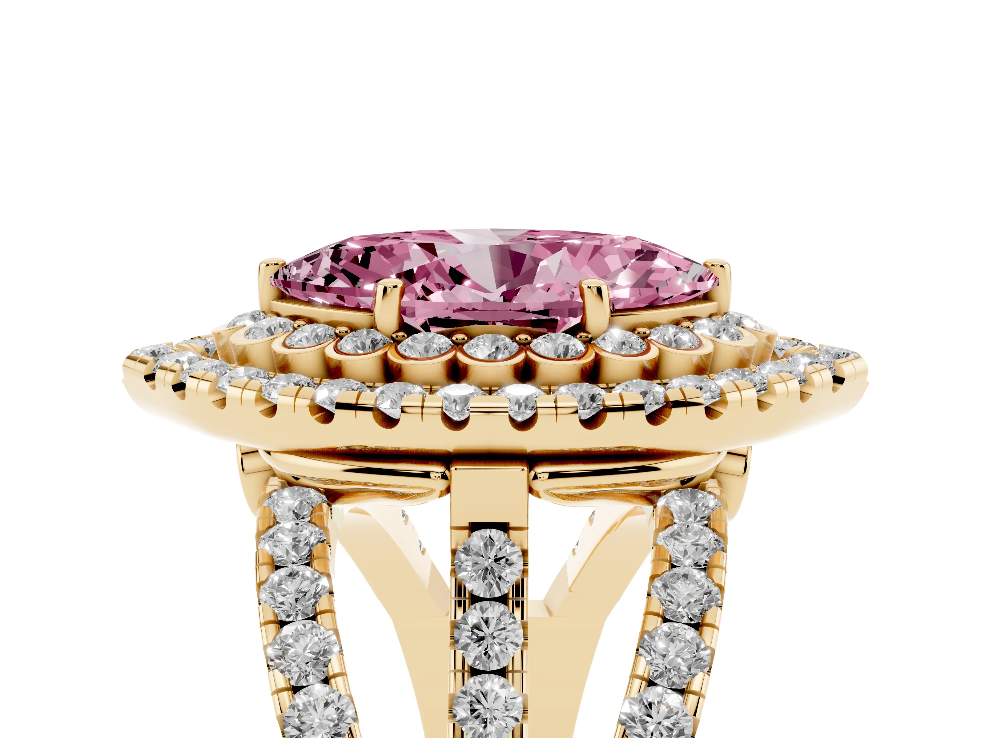 Fancy Pink Marquise Cut Diamond Double Halo Ring Set in Yellow gold with Round Pavé Split Shank
