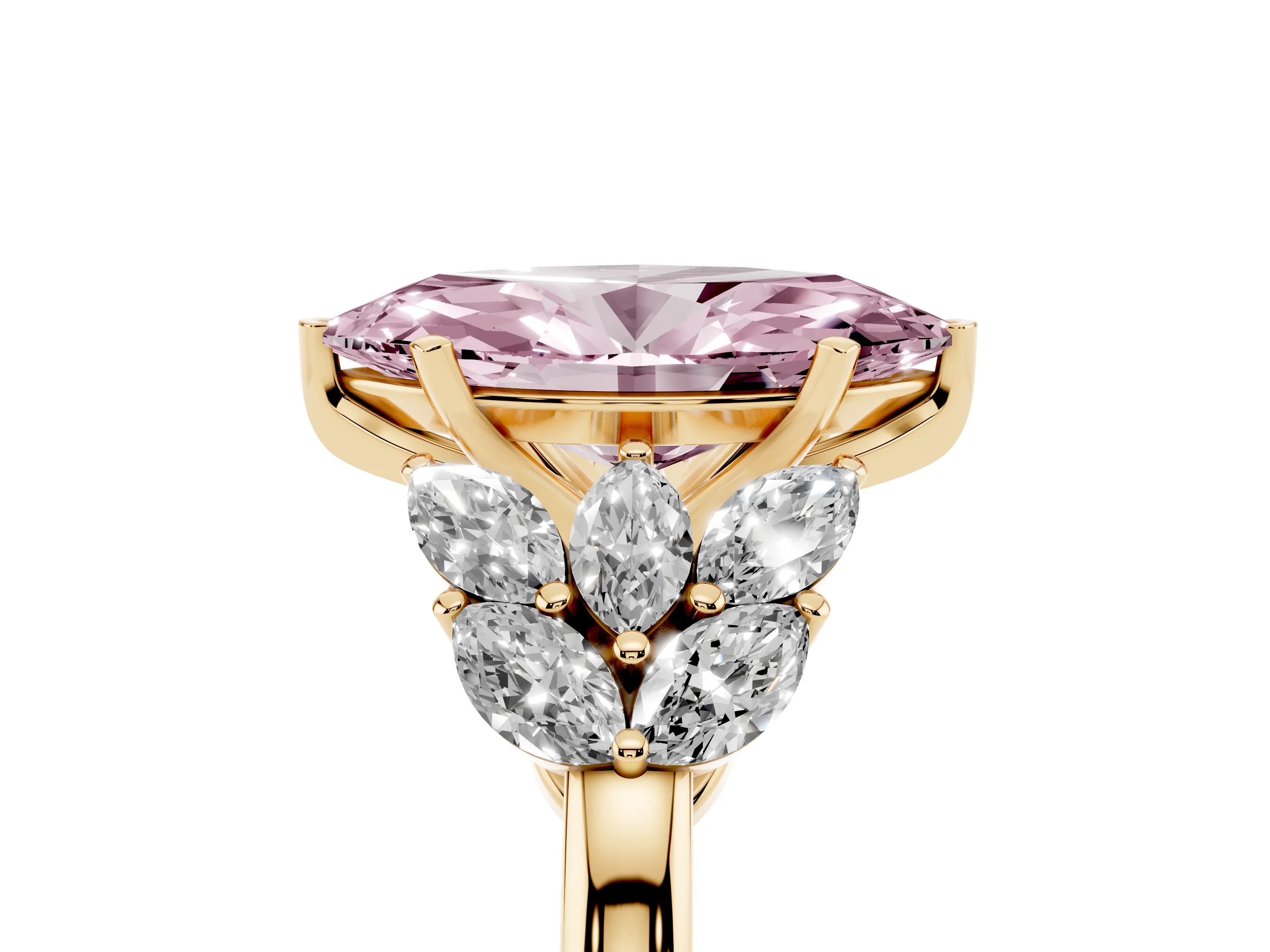 Fancy Pink Marquise Cut Diamond Cluster Leaf Design Ring Set in Yellow gold with Prong Setting