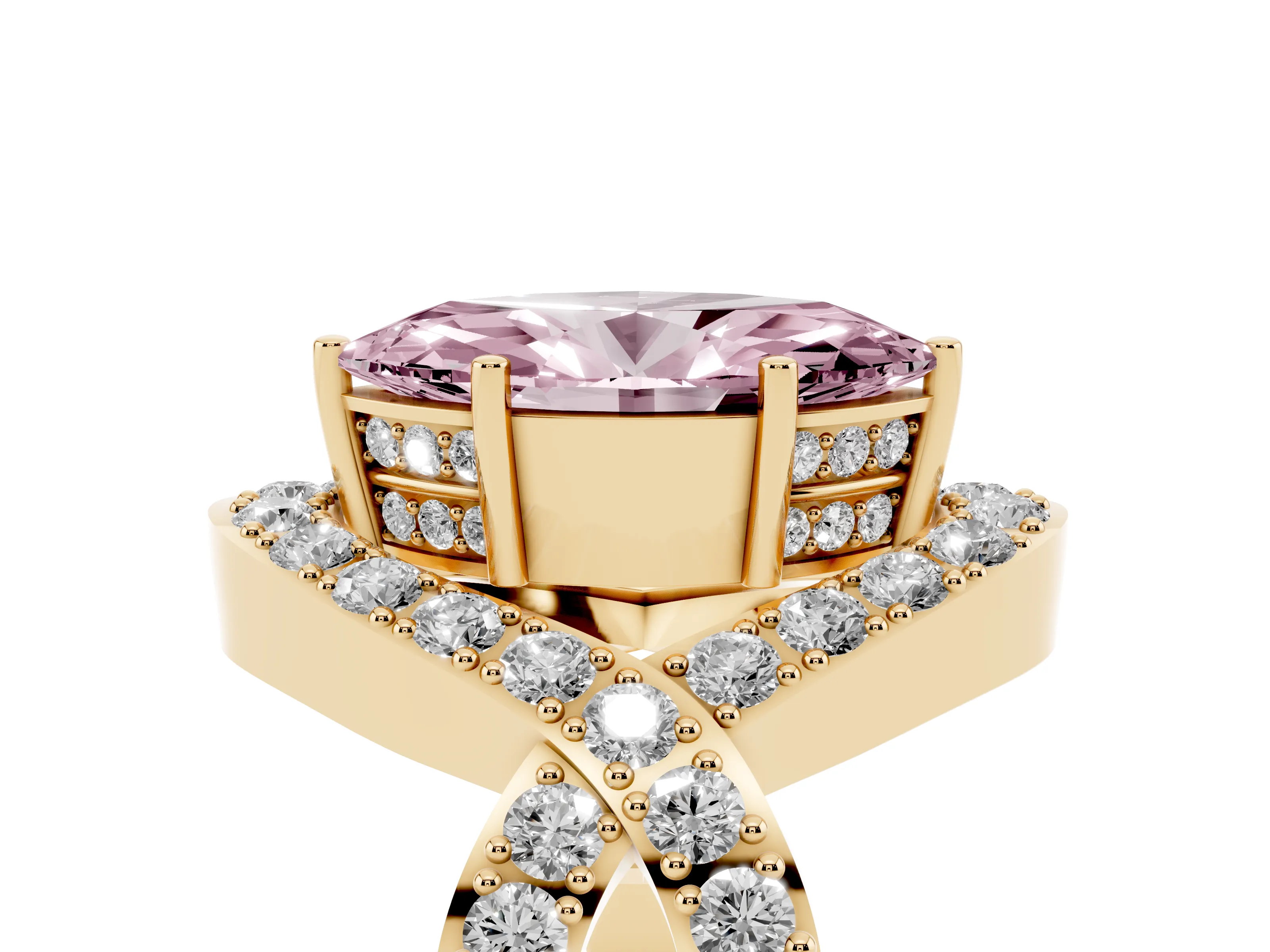 Fancy Pink Marquise Cut Diamond Solitaire Twist Band Pavé Engagement Ring Set in Yellow gold