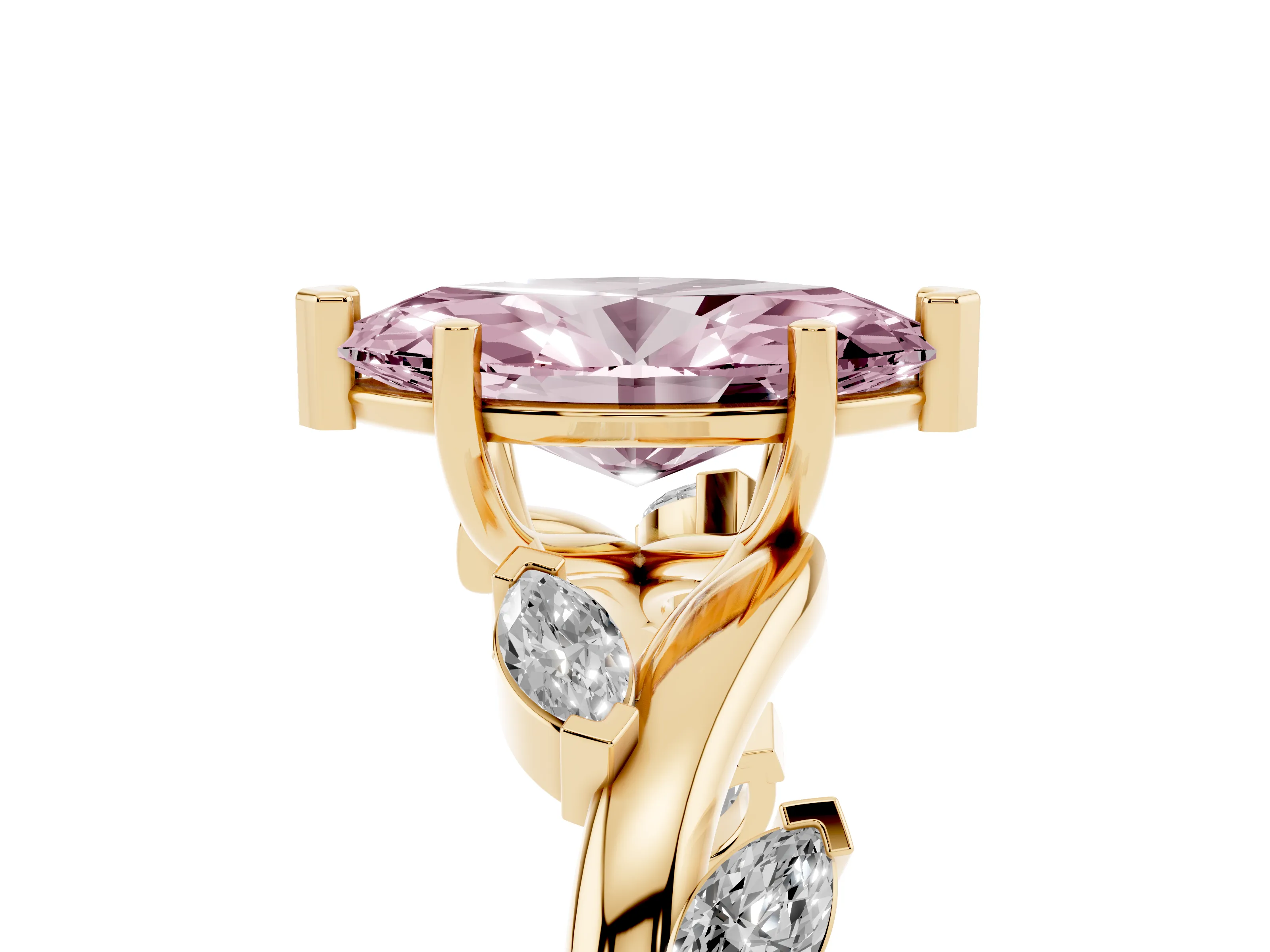 Fancy Pink Marquise Cut Diamond Solitaire Ring Set in Yellow gold with Twisted Marquise Accent Band