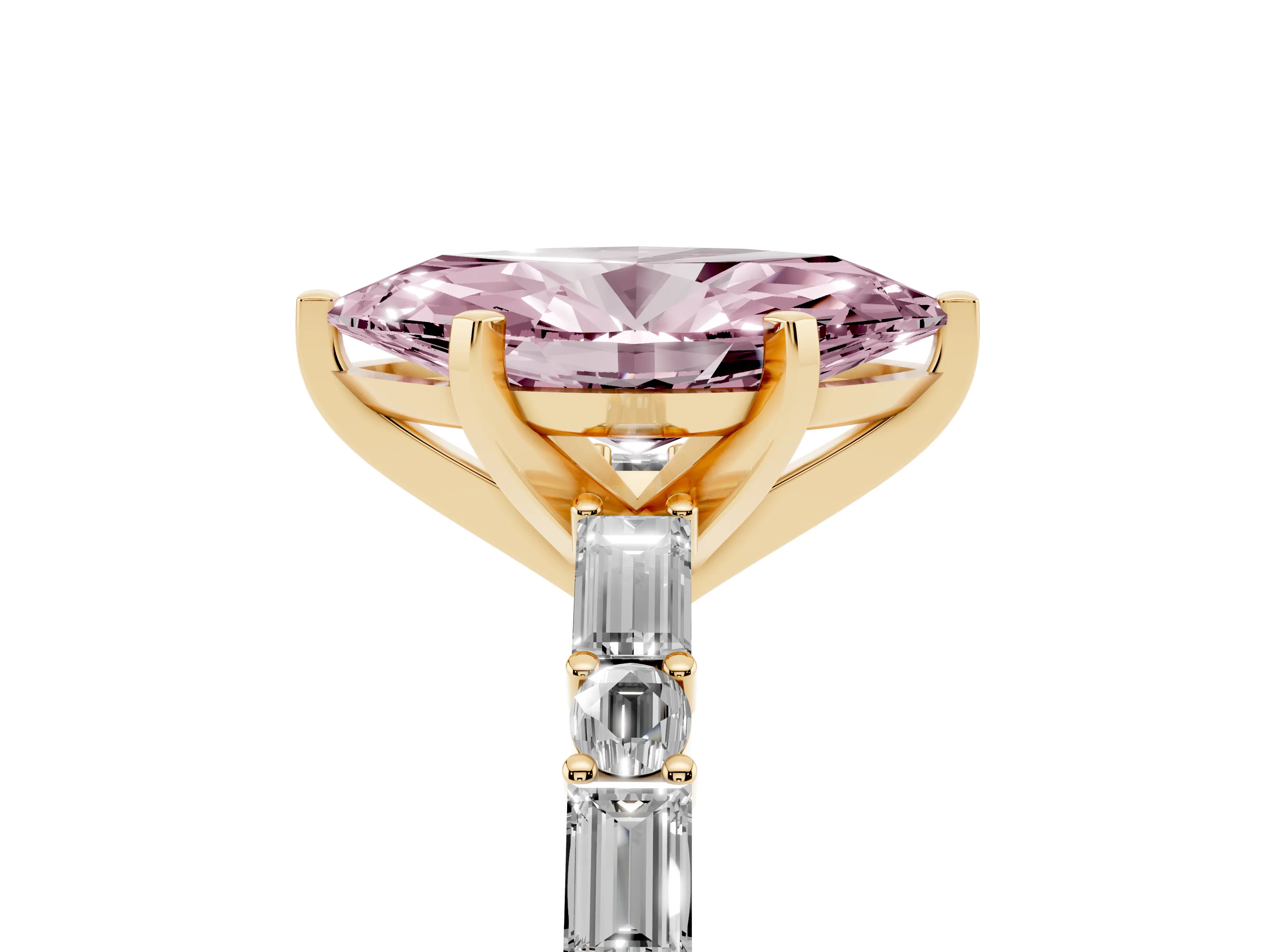 Fancy Pink Marquise Cut Diamond Solitaire Set in Yellow gold with Side Baguettes and Channel Set Band