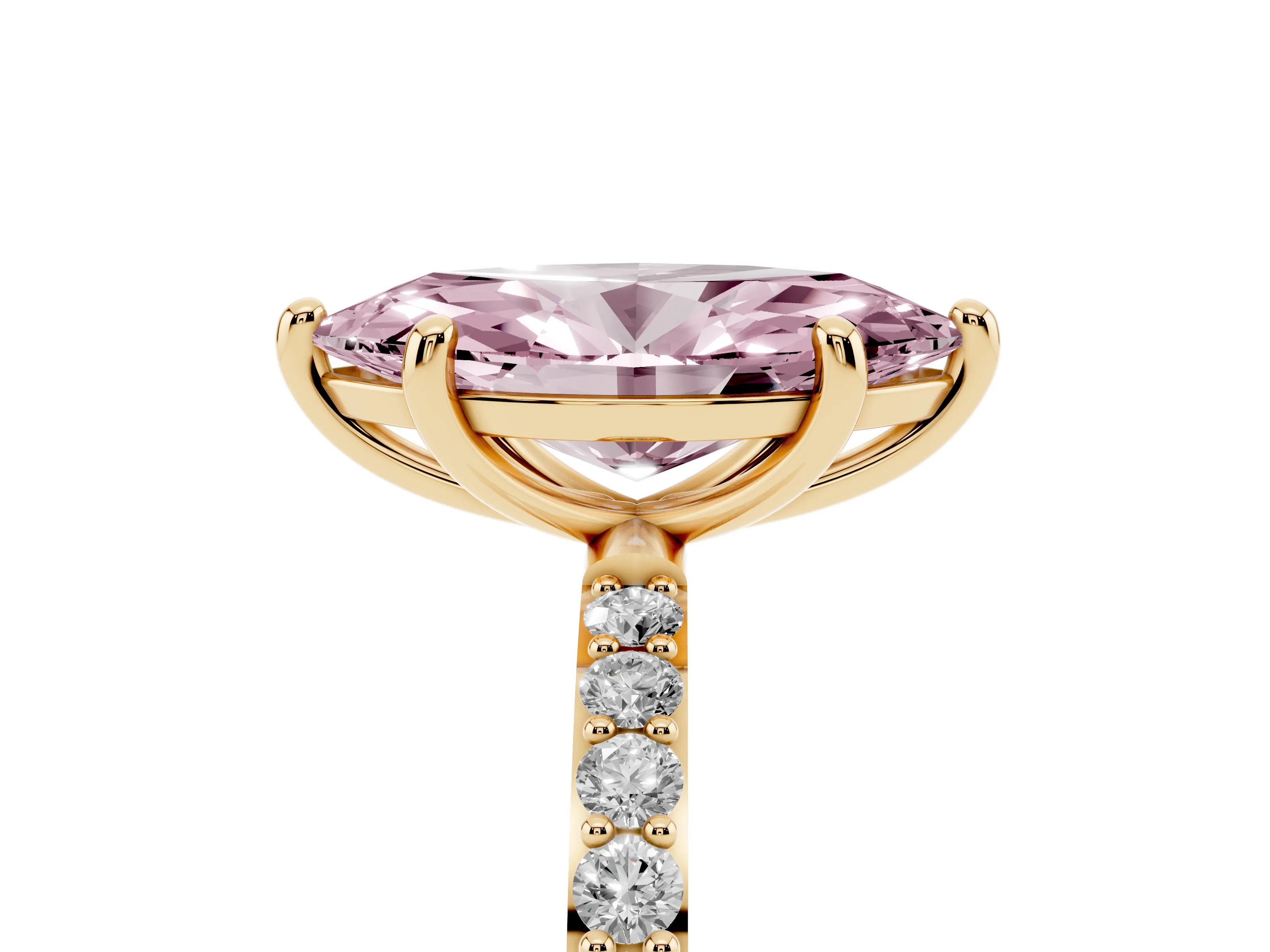 Fancy Pink Marquise Cut Diamond Solitaire Ring Set in Yellow gold with Round Pavé Band and Prong Setting