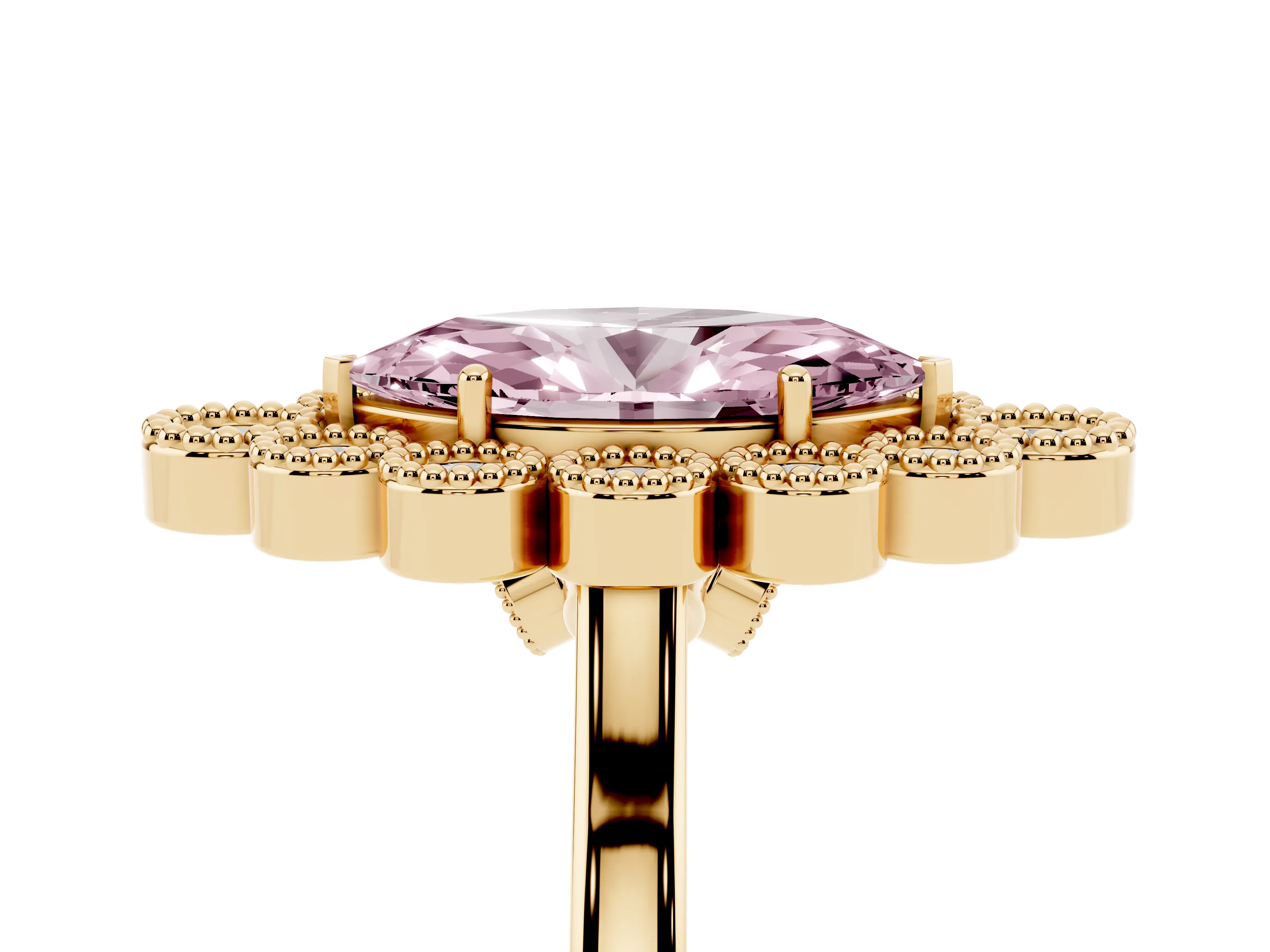 Fancy Pink Marquise Cut Diamond Cluster Halo Ring Set in Yellow gold with Milgrain Bezel Accents and Plain Band