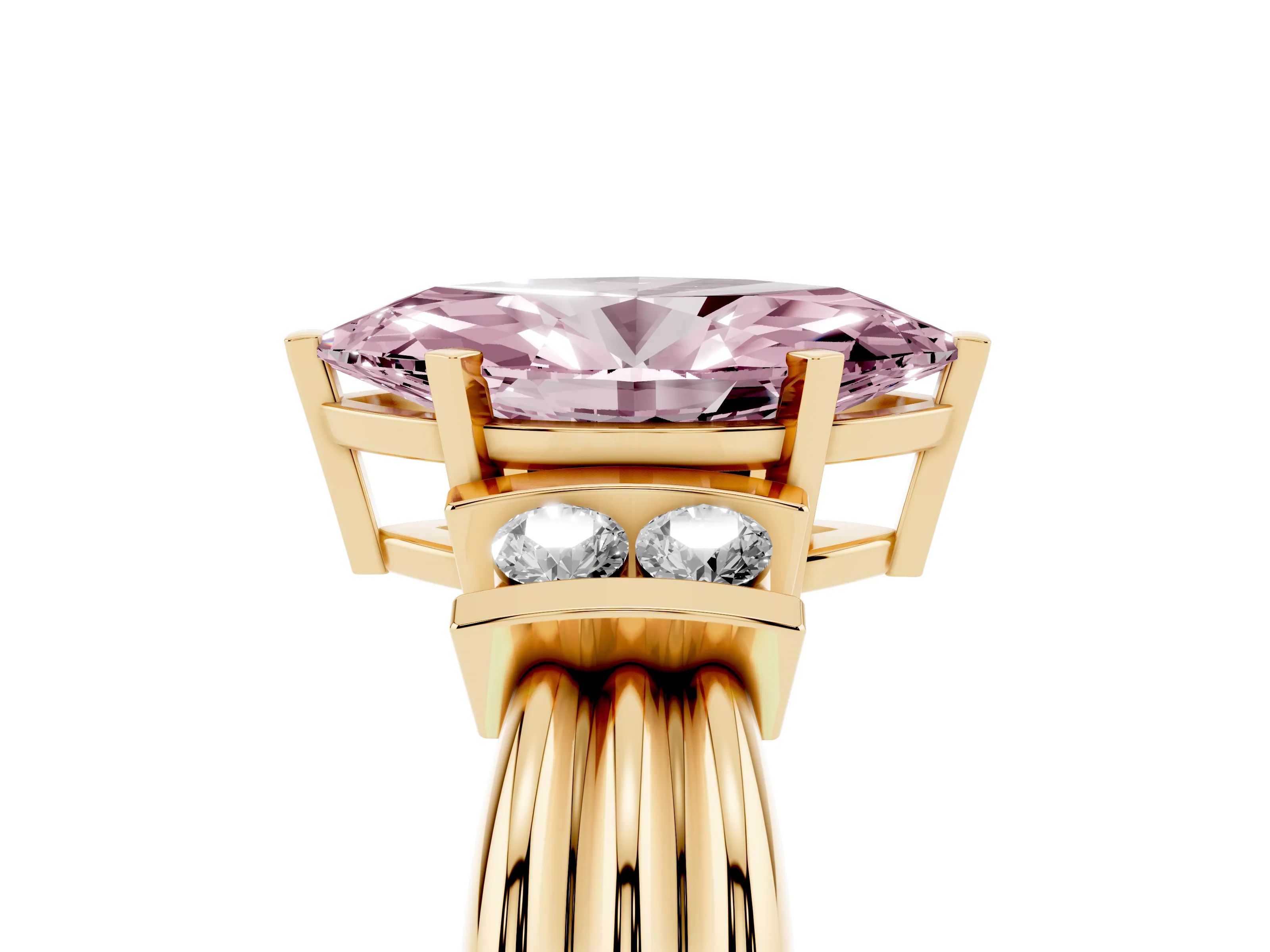 Fancy Pink Three-Stone Marquise Cut Diamond Channel Set Ring Set in Yellow gold with Bar Prongs