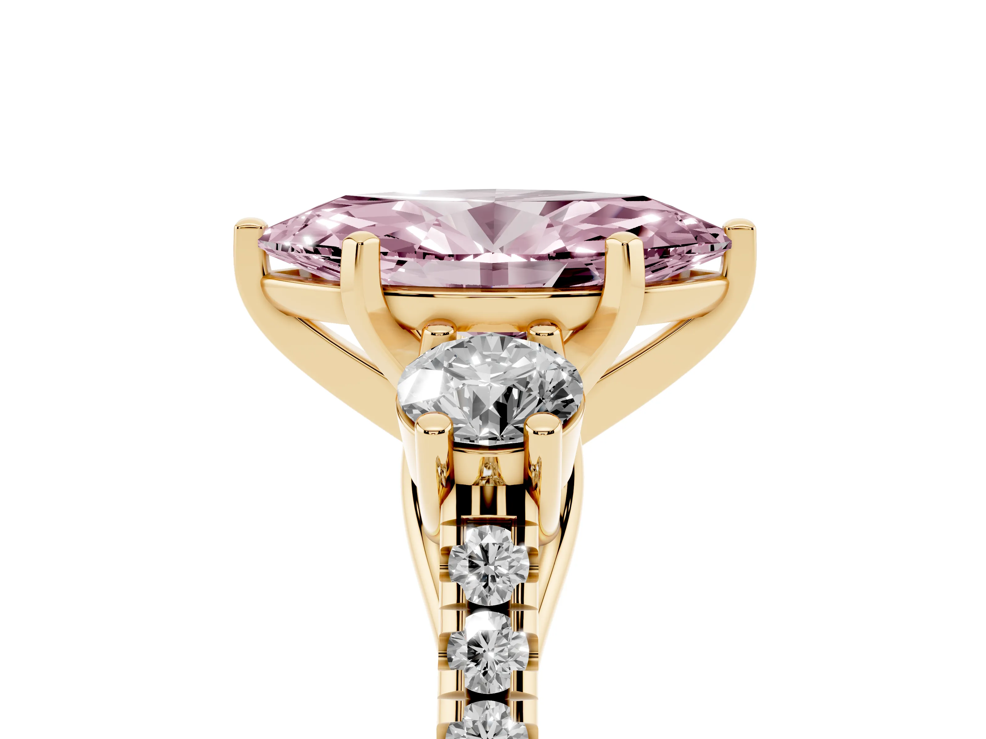 Fancy Pink Three-Stone Marquise Cut Diamond Pavé Band Ring Set in Yellow gold with Prong-Set Trio