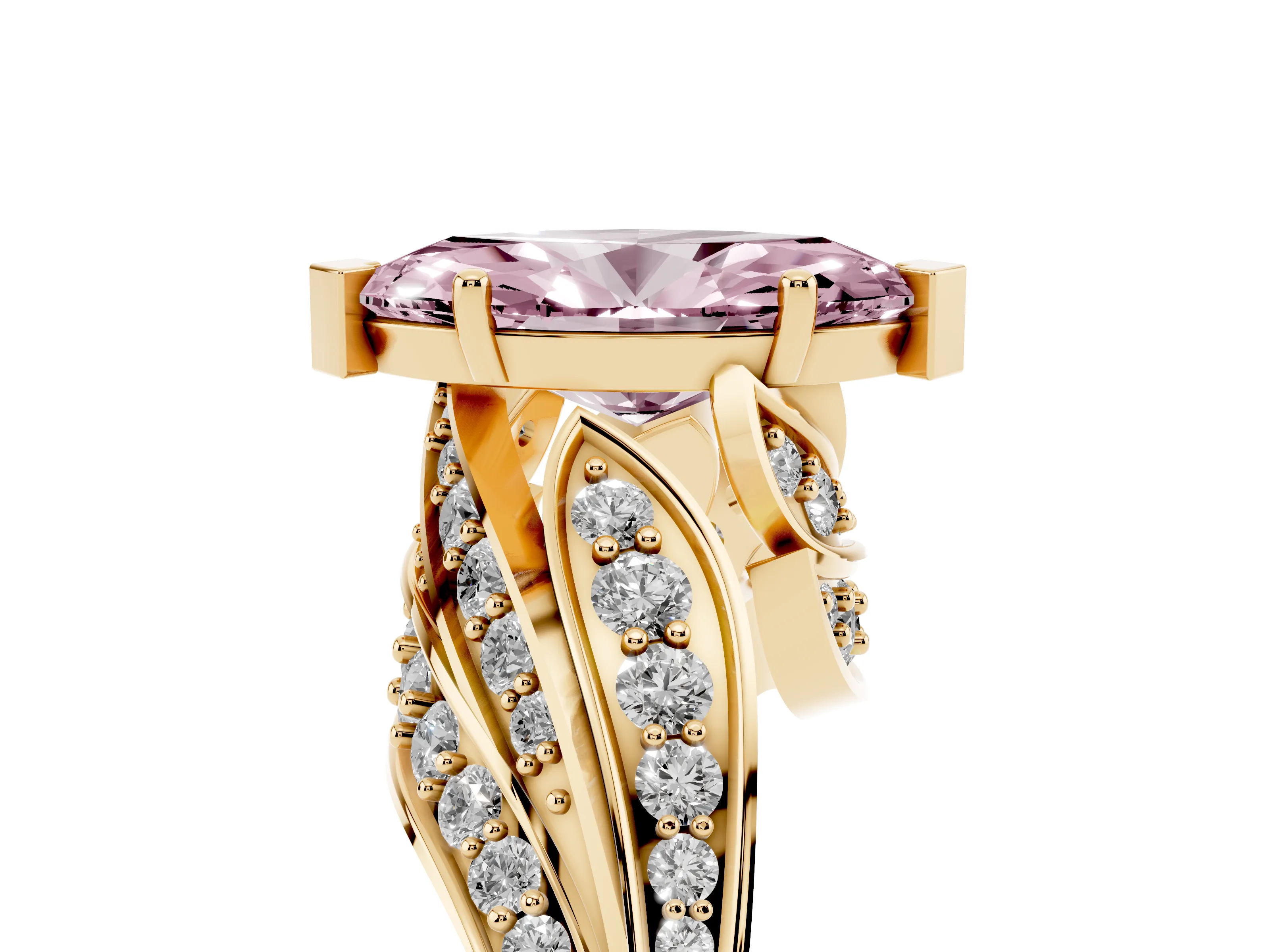 Fancy Pink Marquise Cut Diamond Solitaire Ring Set in Yellow gold with Layered Twist Pavé Band