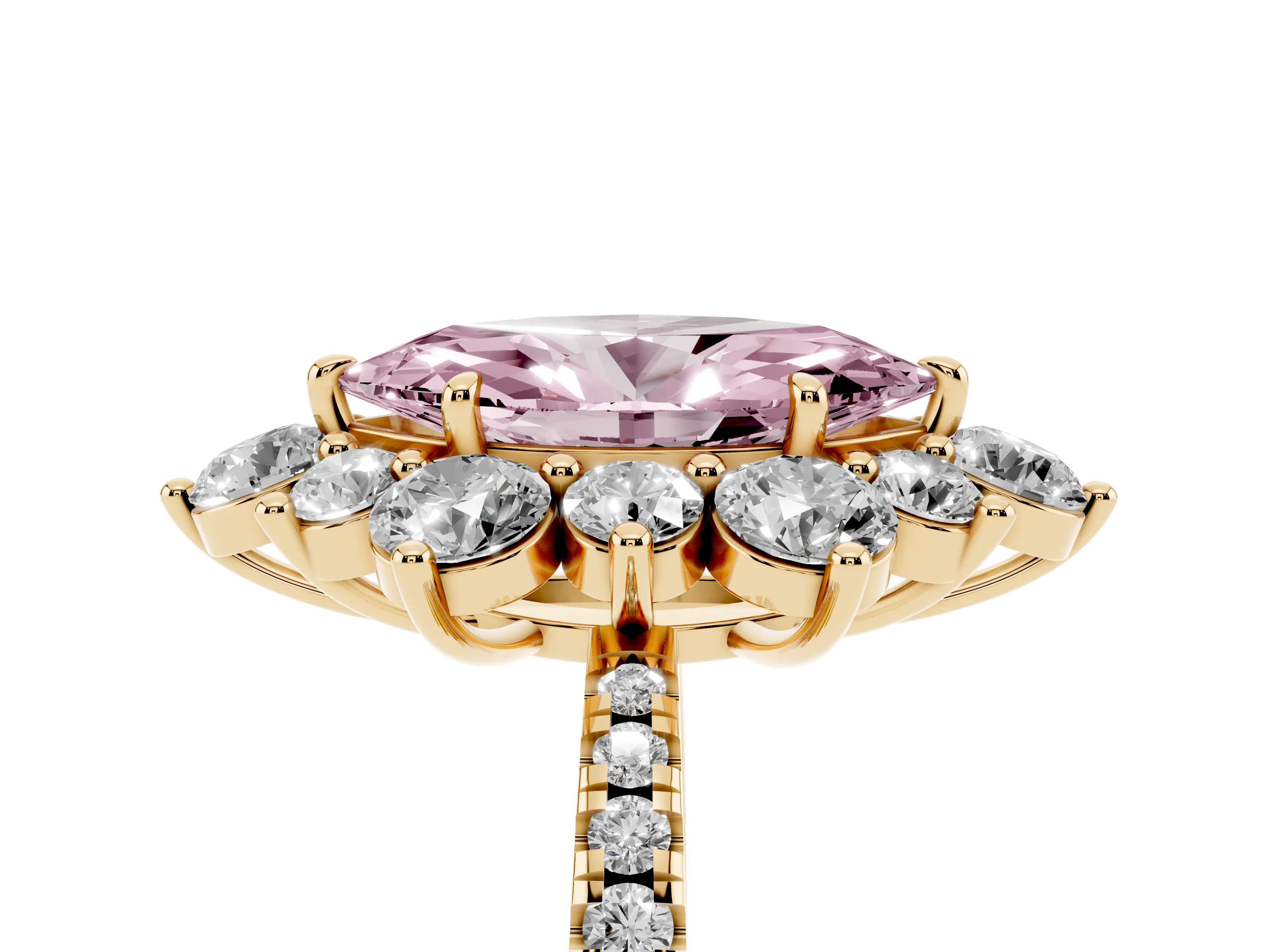 Fancy Pink Marquise Cut Diamond Floral Halo Ring Set in Yellow gold with Round Pavé Band and Prong Setting