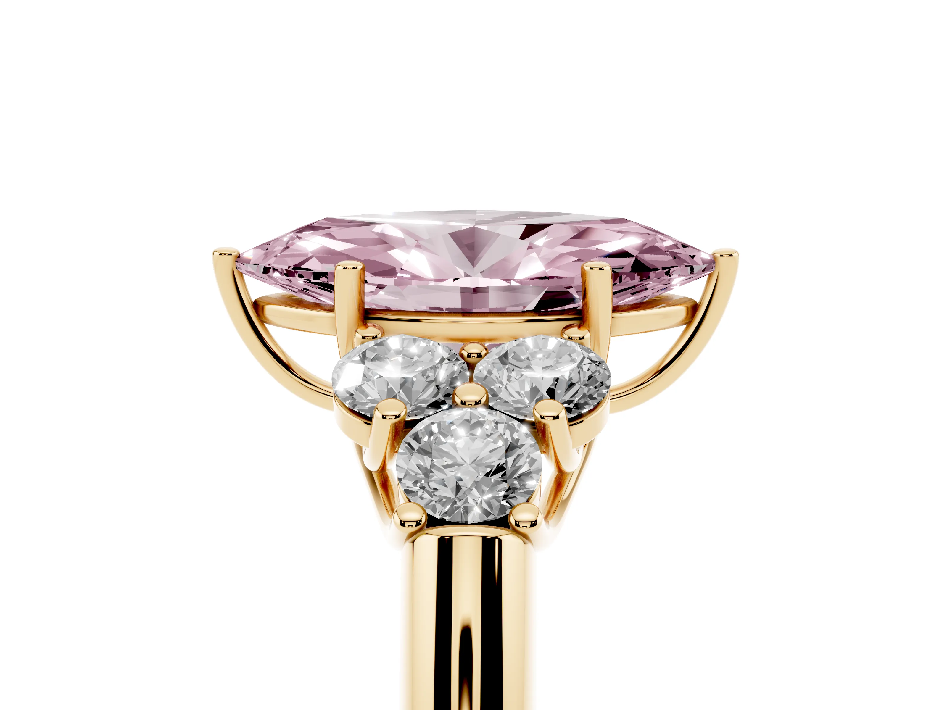 Fancy Pink Marquise Cut Diamond Cluster Ring Set in Yellow gold with Round Accent Stones and Prong Setting on a Plain Band