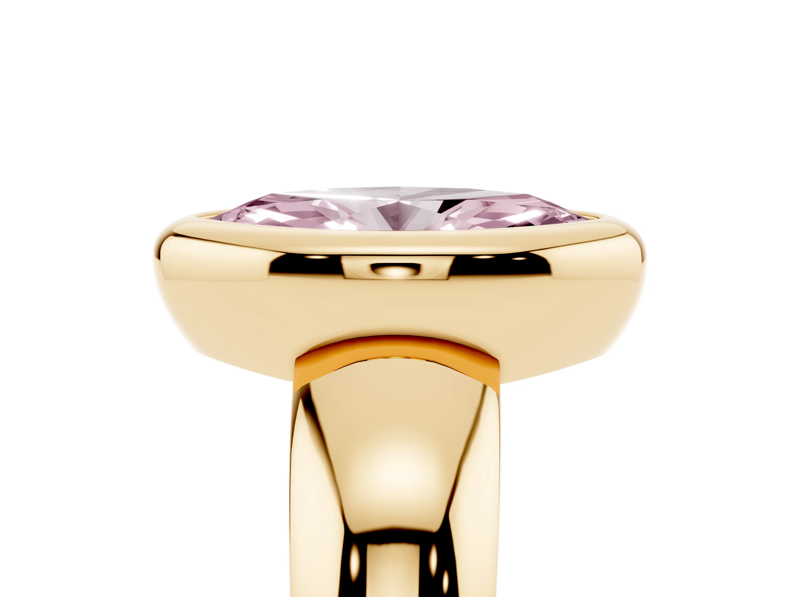 Fancy Pink Bezel Set Marquise Cut Diamond Solitaire Ring Set in Yellow gold with Wide Band