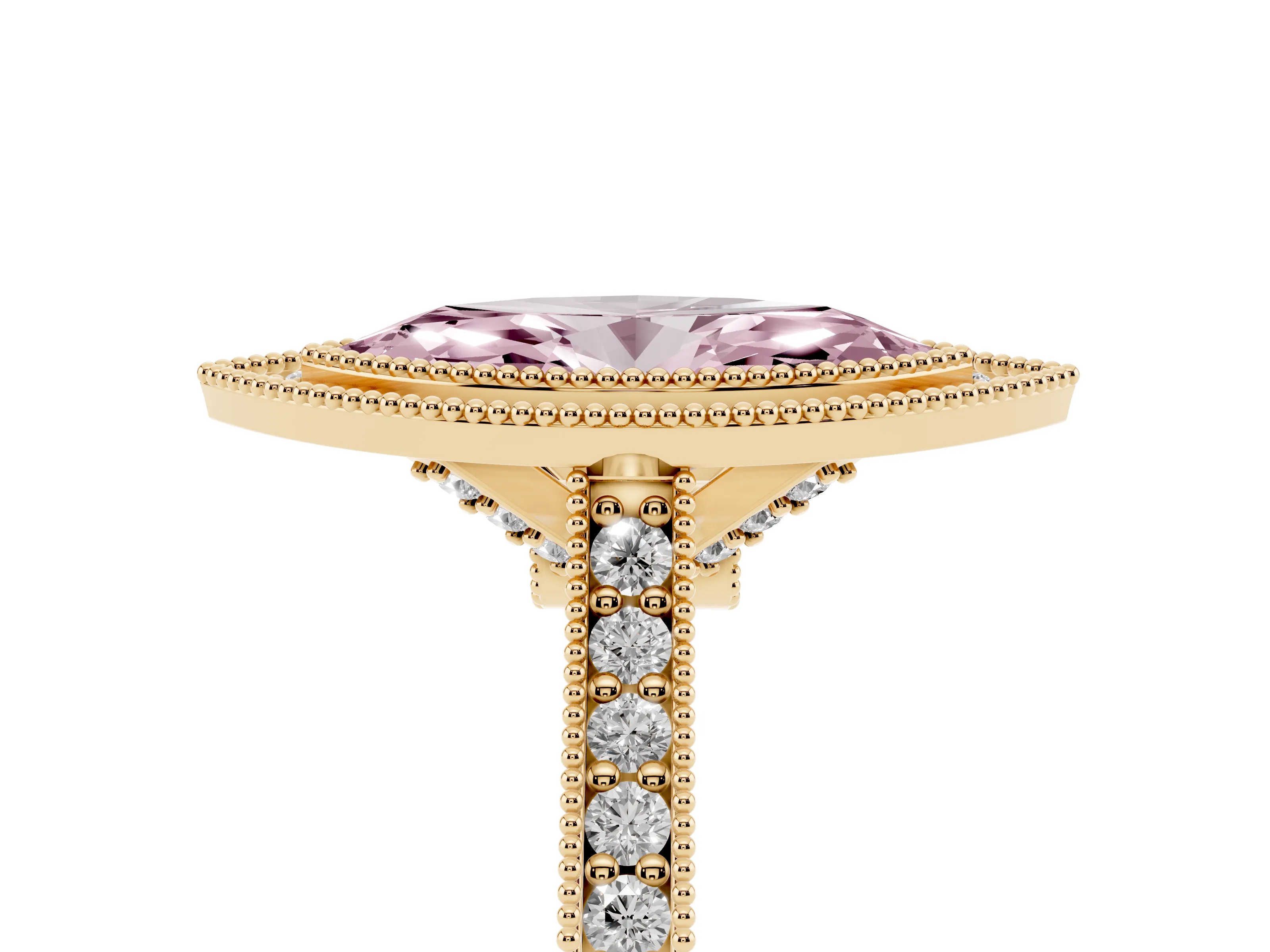 Fancy Pink Marquise Cut Diamond Halo Milgrain Pavé Band Ring Set in Yellow gold with Prong Setting