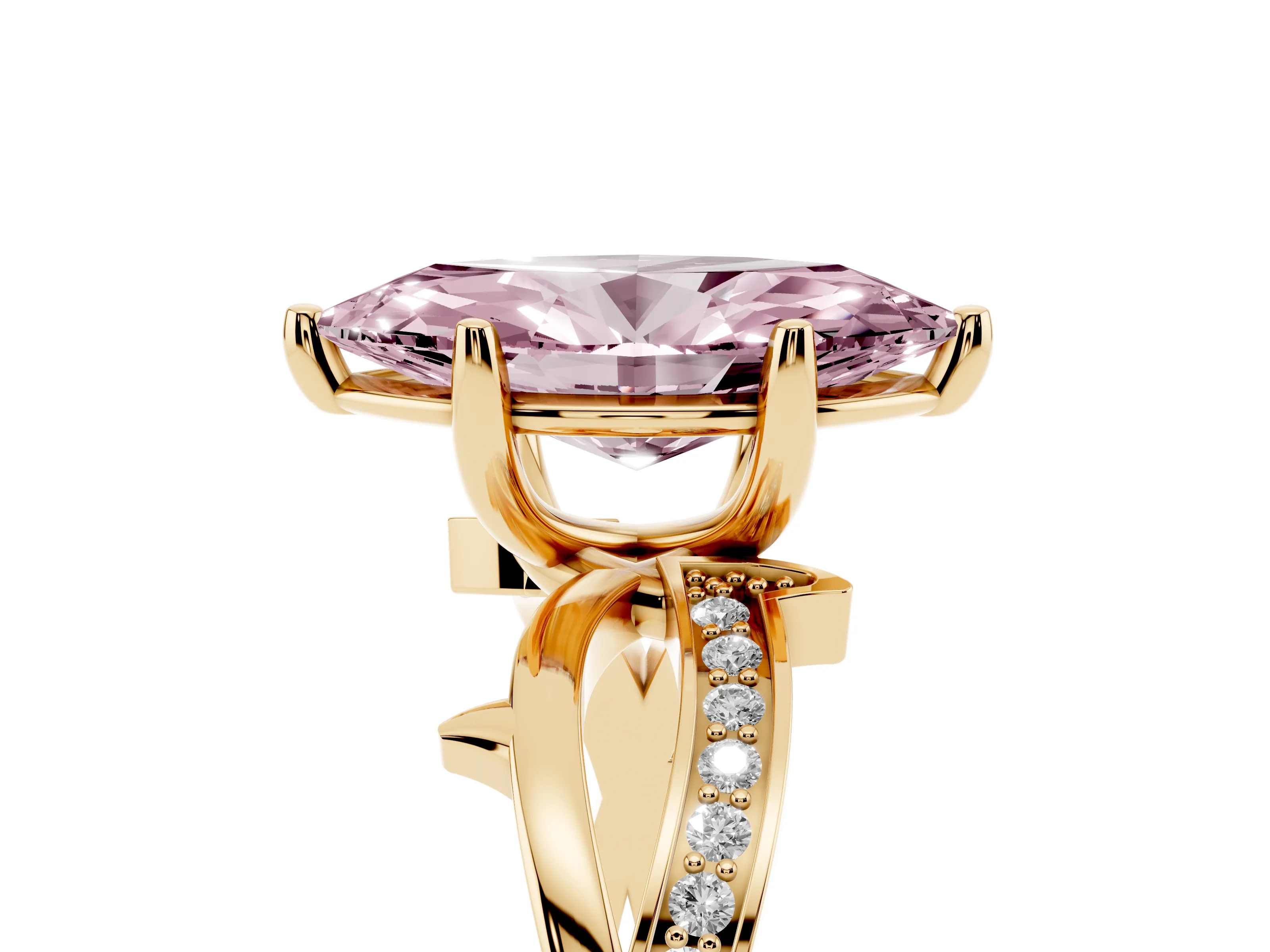 Fancy Pink Marquise Cut Diamond Pavé Twist Band Solitaire Ring Set in Yellow gold with Prong Setting