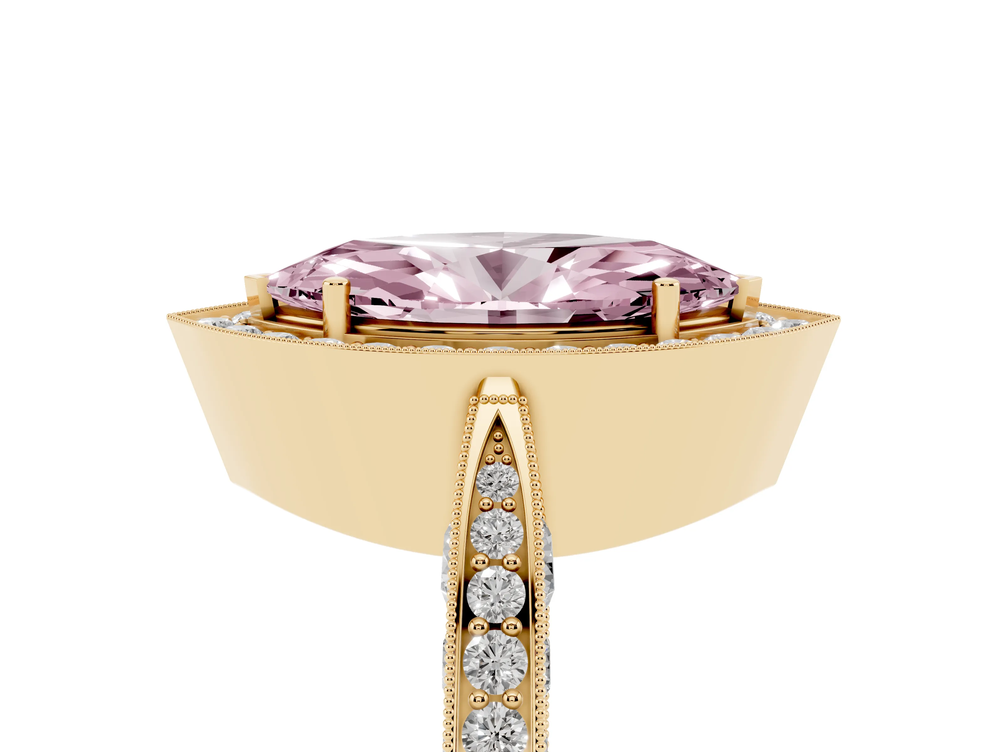 Fancy Pink Marquise Cut Diamond Halo Engagement Ring Set in Yellow gold with Accent Split Shank Band