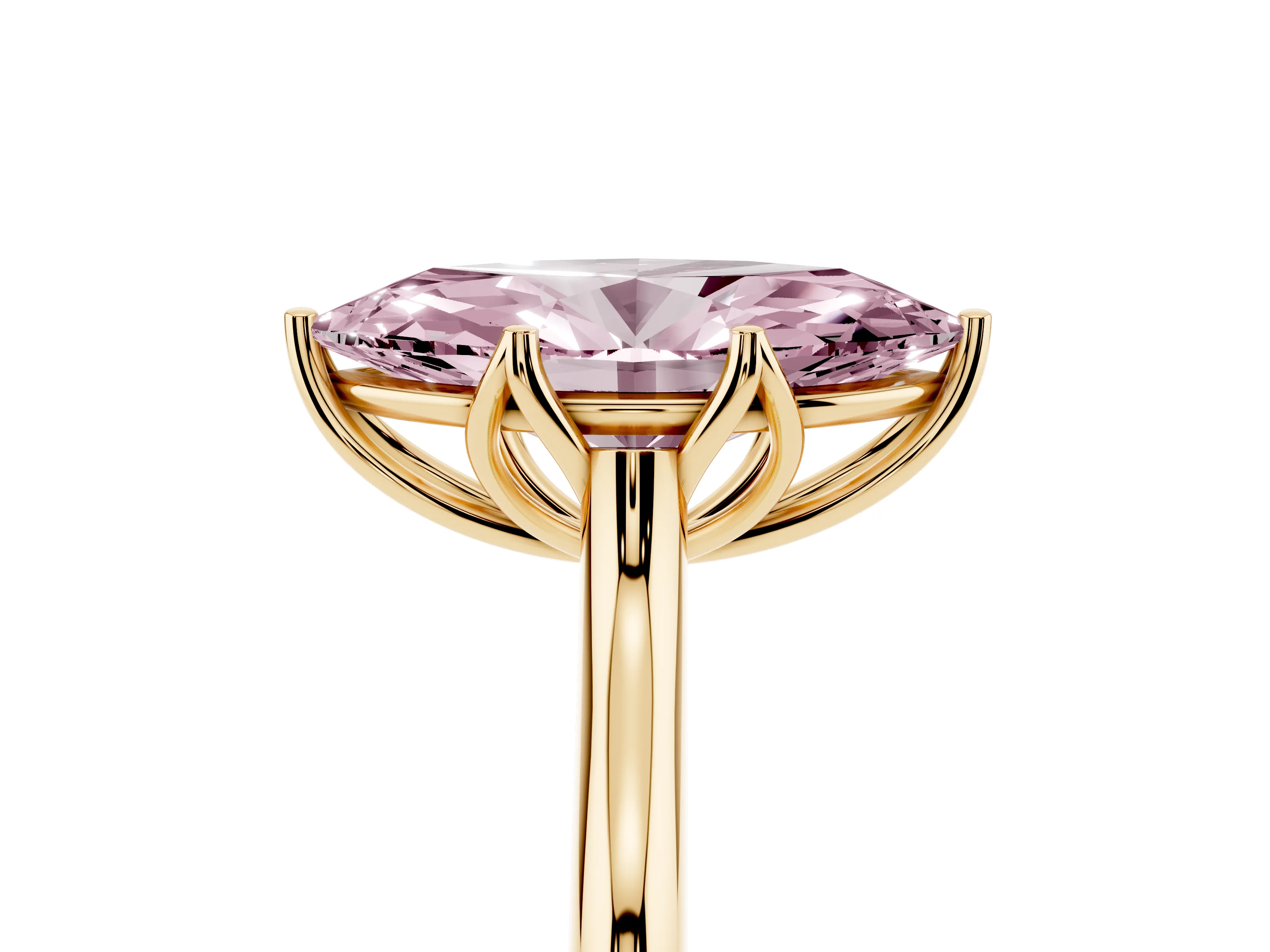 Fancy Pink Marquise Cut Diamond Solitaire Cathedral Ring Set in Yellow gold with Prong Setting