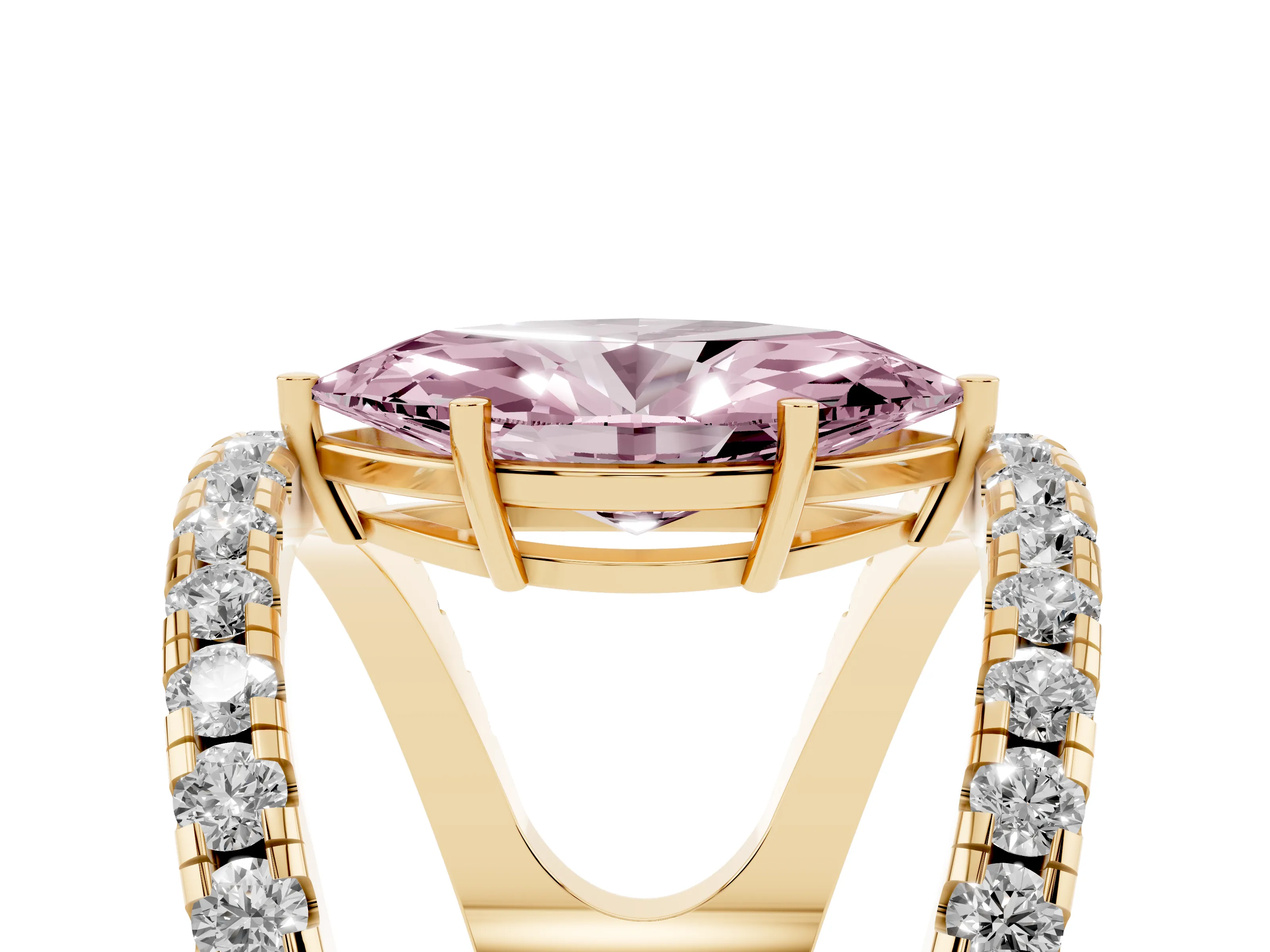 Fancy Pink Marquise Cut Diamond Split Shank Pavé Solitaire Ring Set in Yellow gold with Open Shank Design