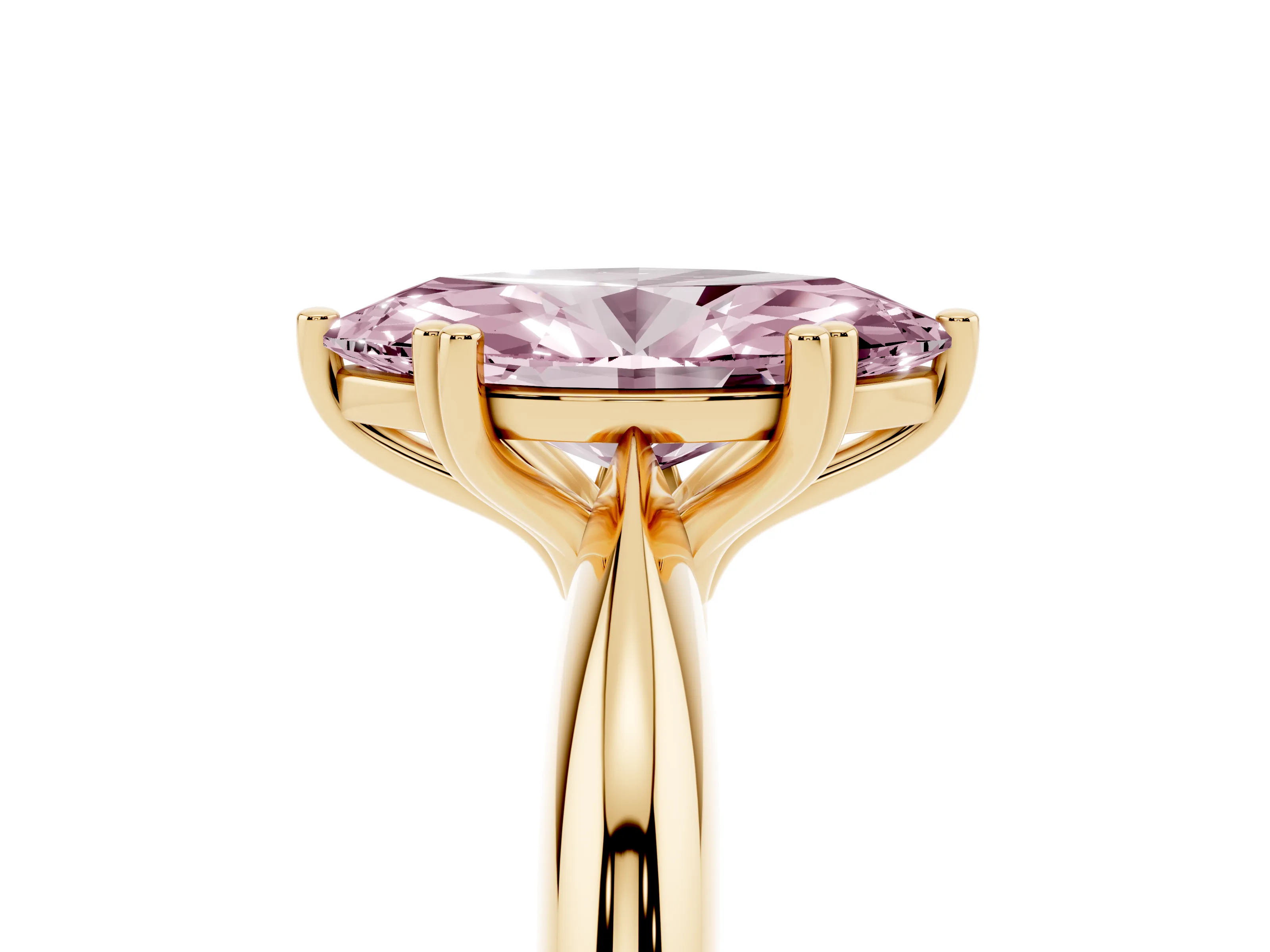 Fancy Pink Marquise Cut Diamond Solitaire Engagement Ring Set in Yellow gold with Tapered Band and Prong Setting