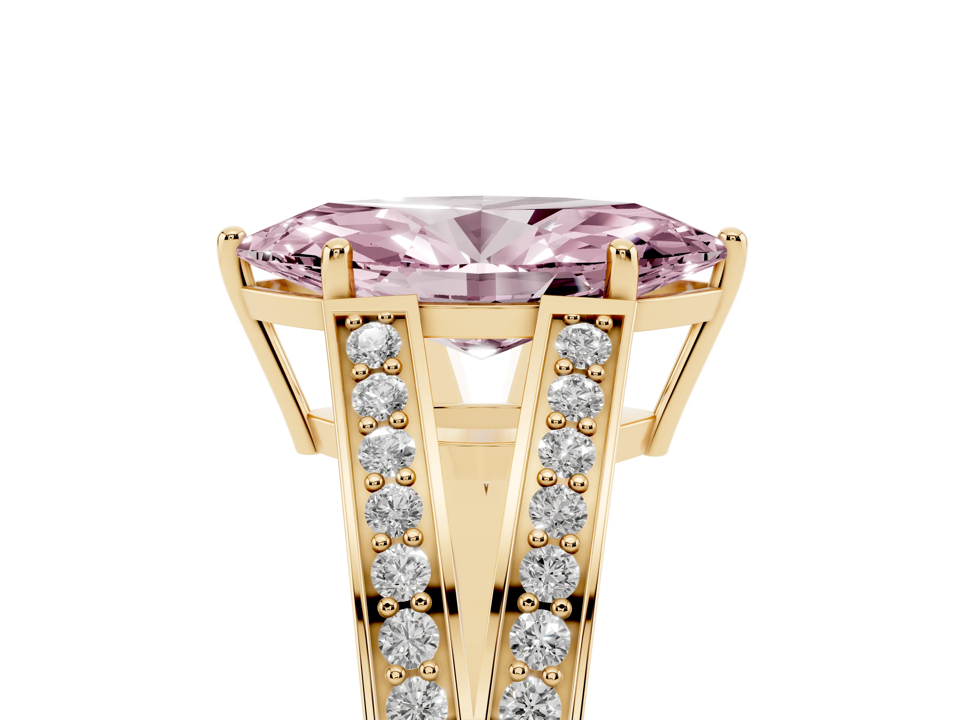 Fancy Pink Marquise Cut Diamond Split Shank Ring Set in Yellow gold with Pavé Band and Prong Setting
