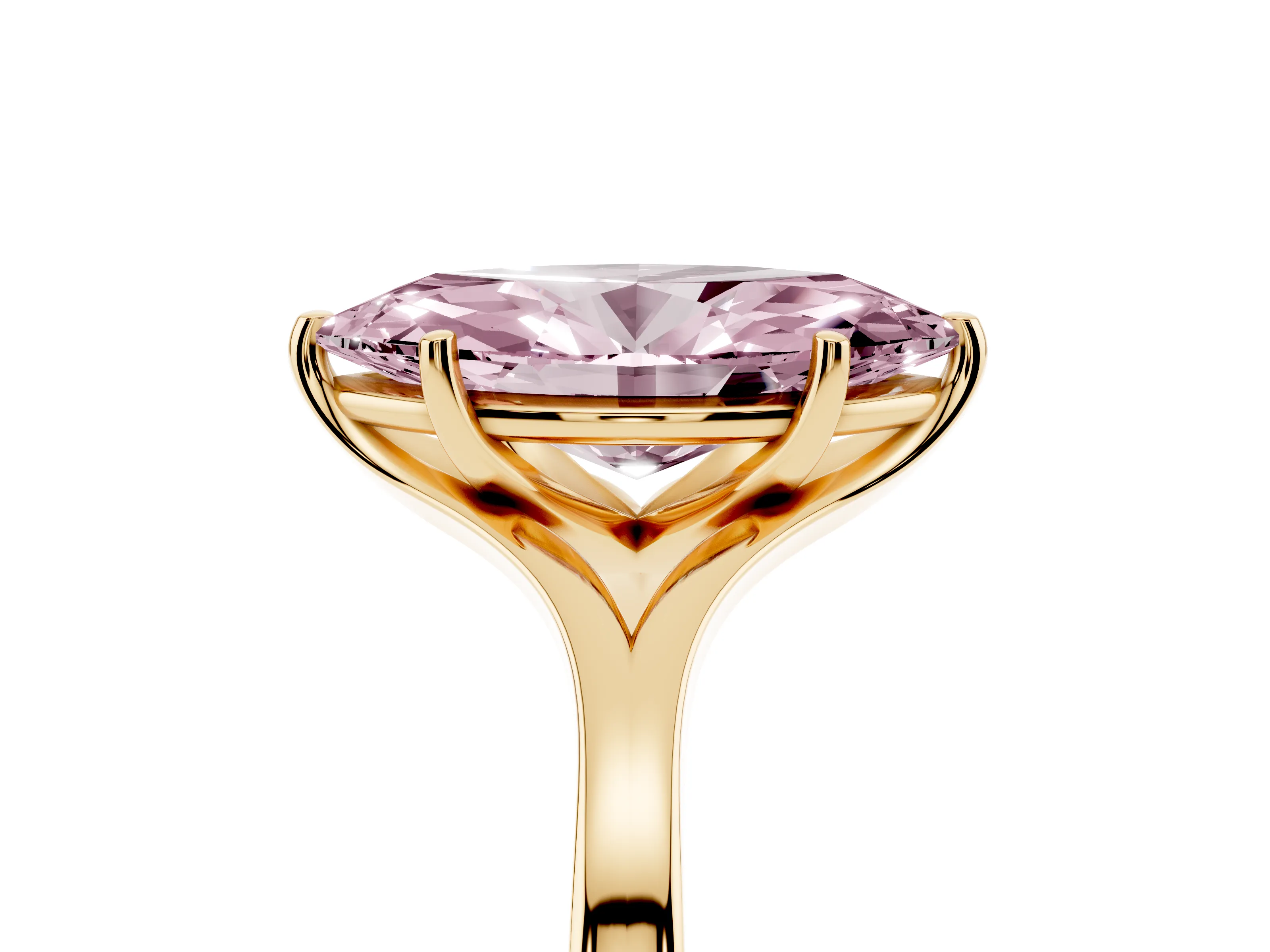 Fancy Pink Marquise Cut Diamond Solitaire Ring Set in Yellow gold with Polished Tapered Band and Prong Setting