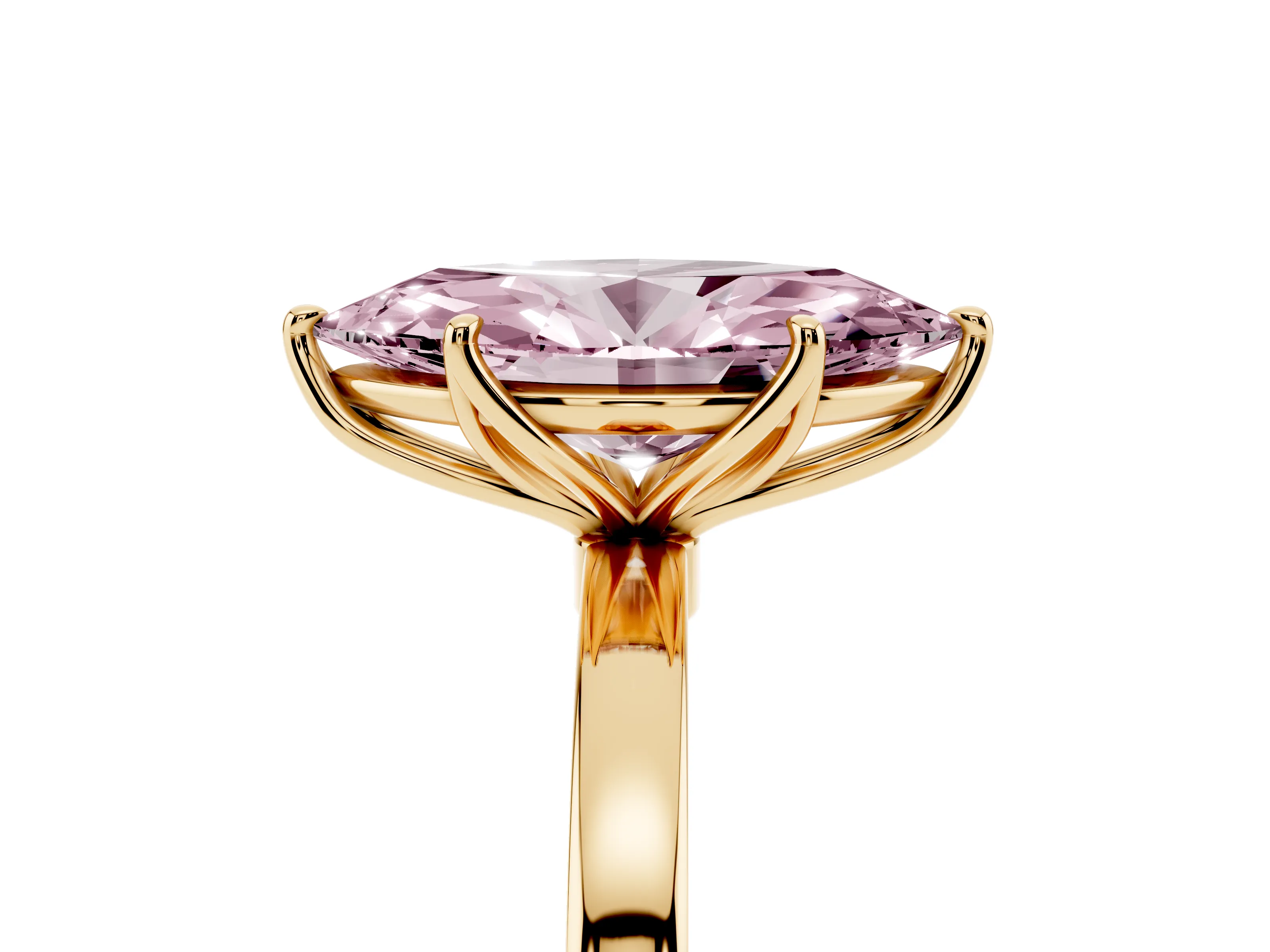 Fancy Pink Marquise Cut Diamond Solitaire Ring Set in Yellow gold with Prong Setting and Thin Polished Band