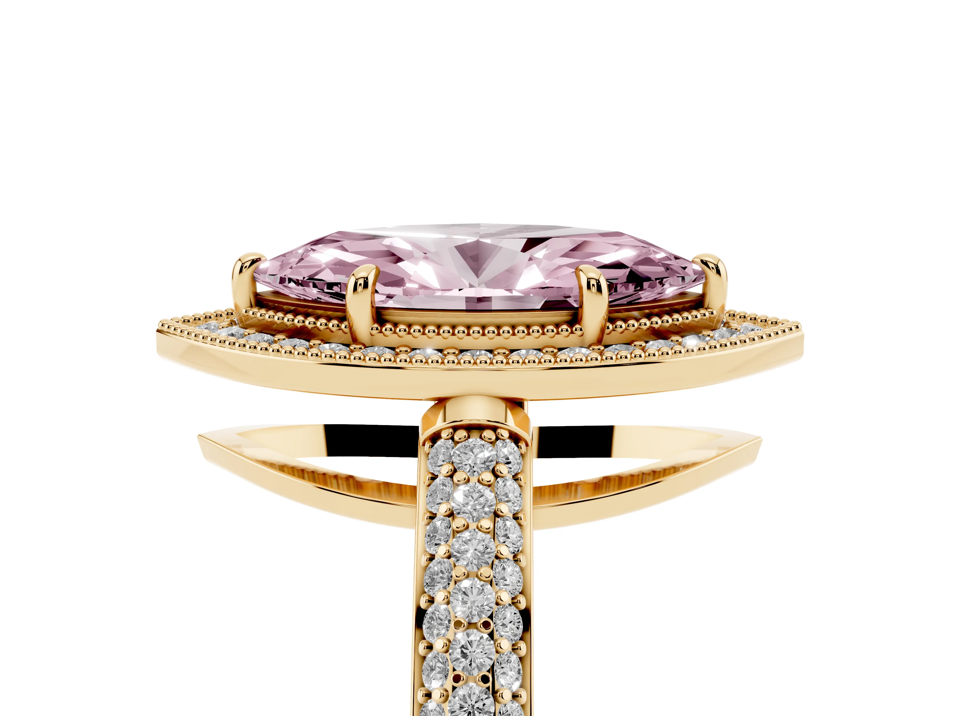 Fancy Pink Marquise Cut Diamond Halo Pavé Band Set in Yellow gold with Prong Setting