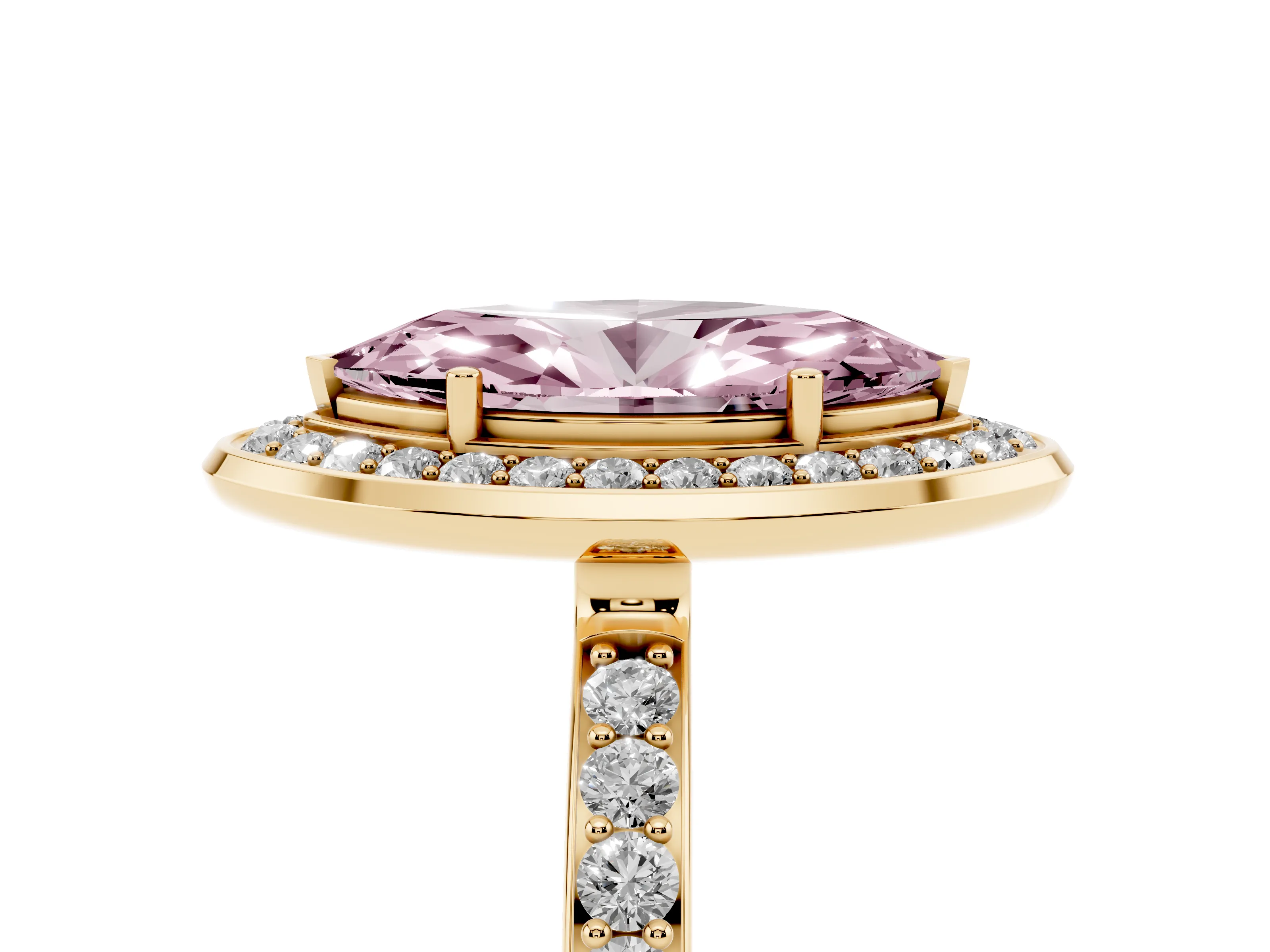 Fancy Pink Marquise Cut Diamond Halo Ring Set in Yellow gold with Bezel Frame and Pavé Band