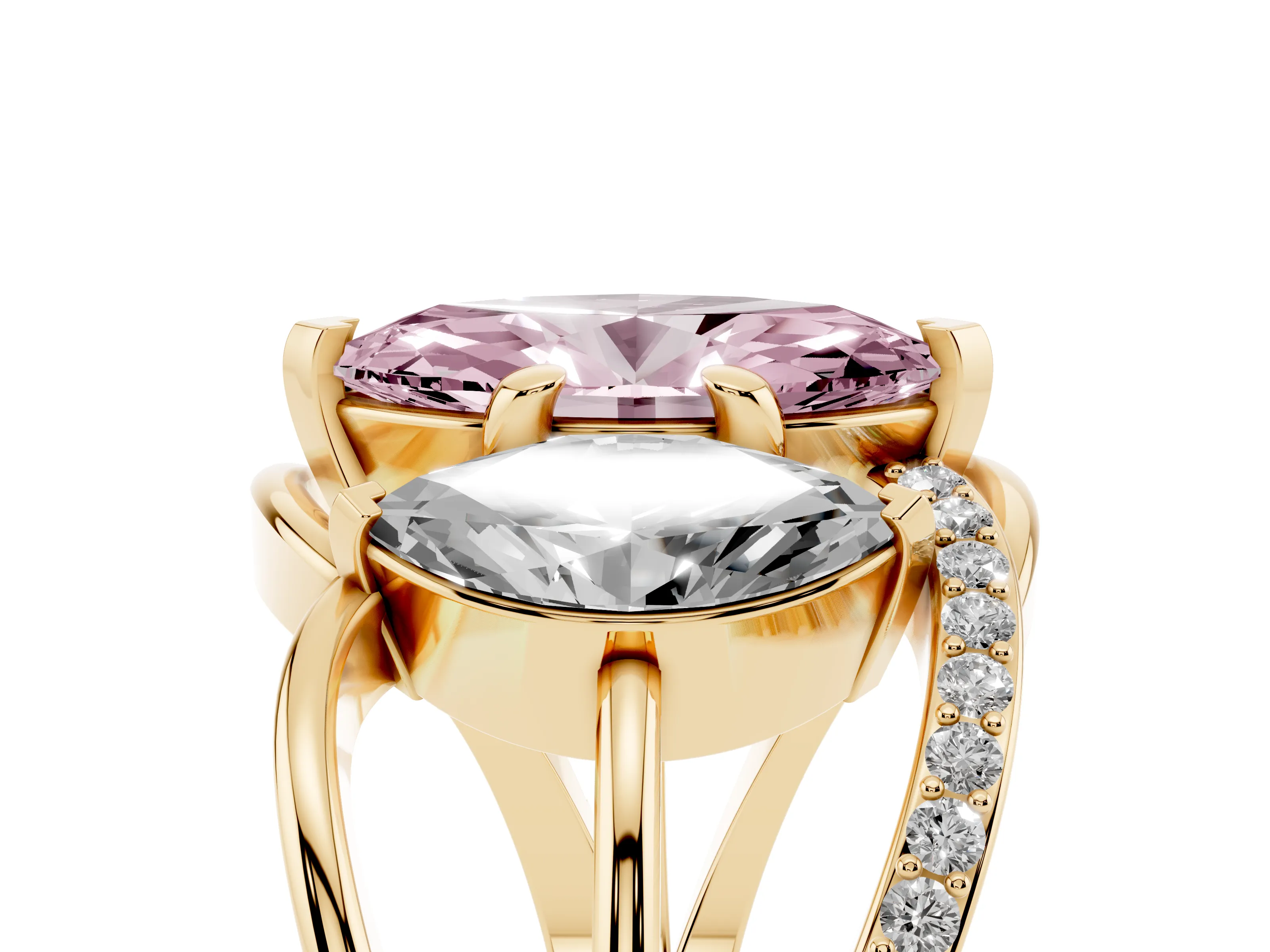 Fancy Pink Marquise Cut Diamond Three-Stone Ring Set in Yellow gold with Split Shank and Prong Setting