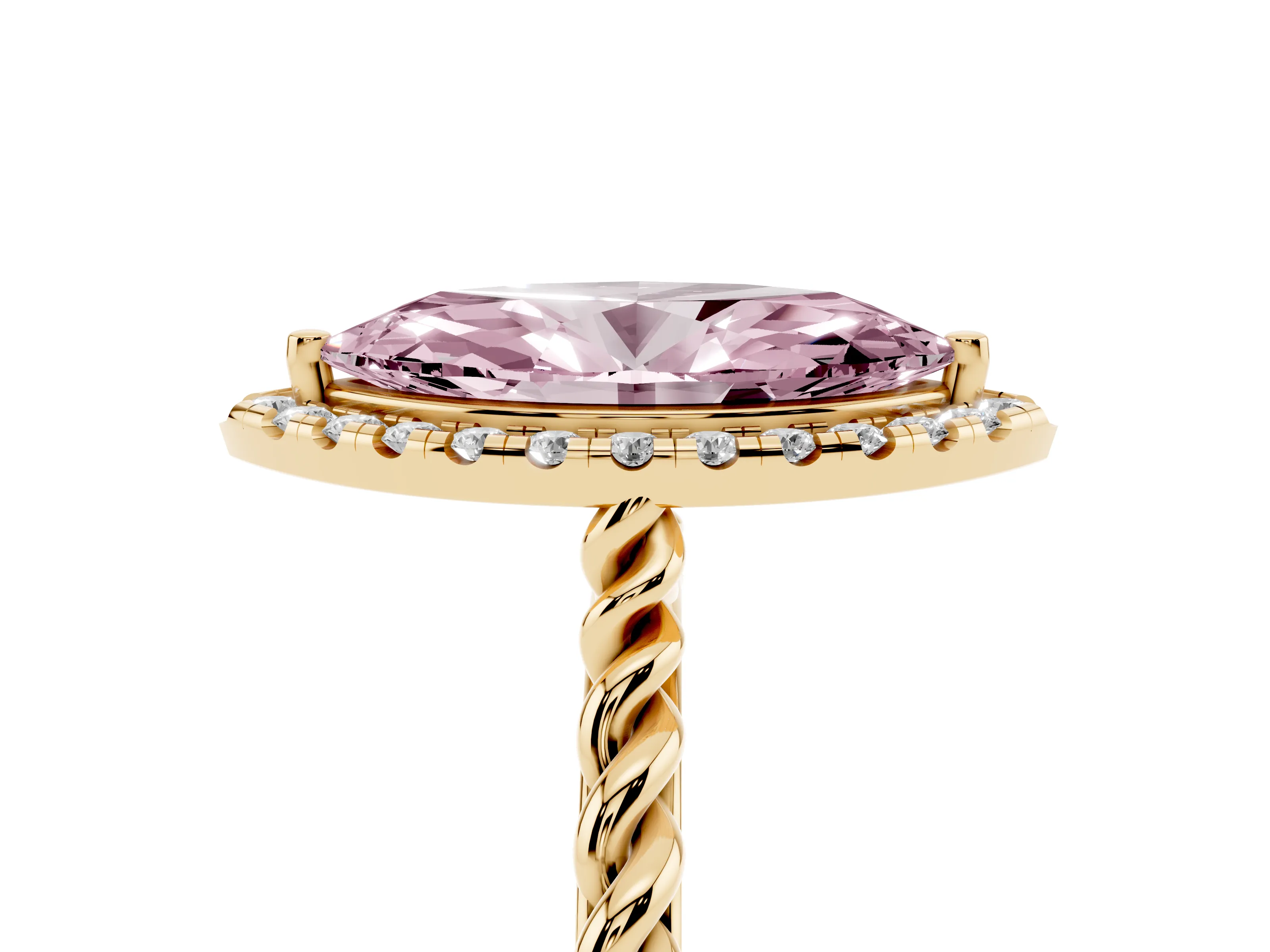 Fancy Pink Marquise Cut Diamond Halo Ring Set in Yellow gold with Plain Twisted Band