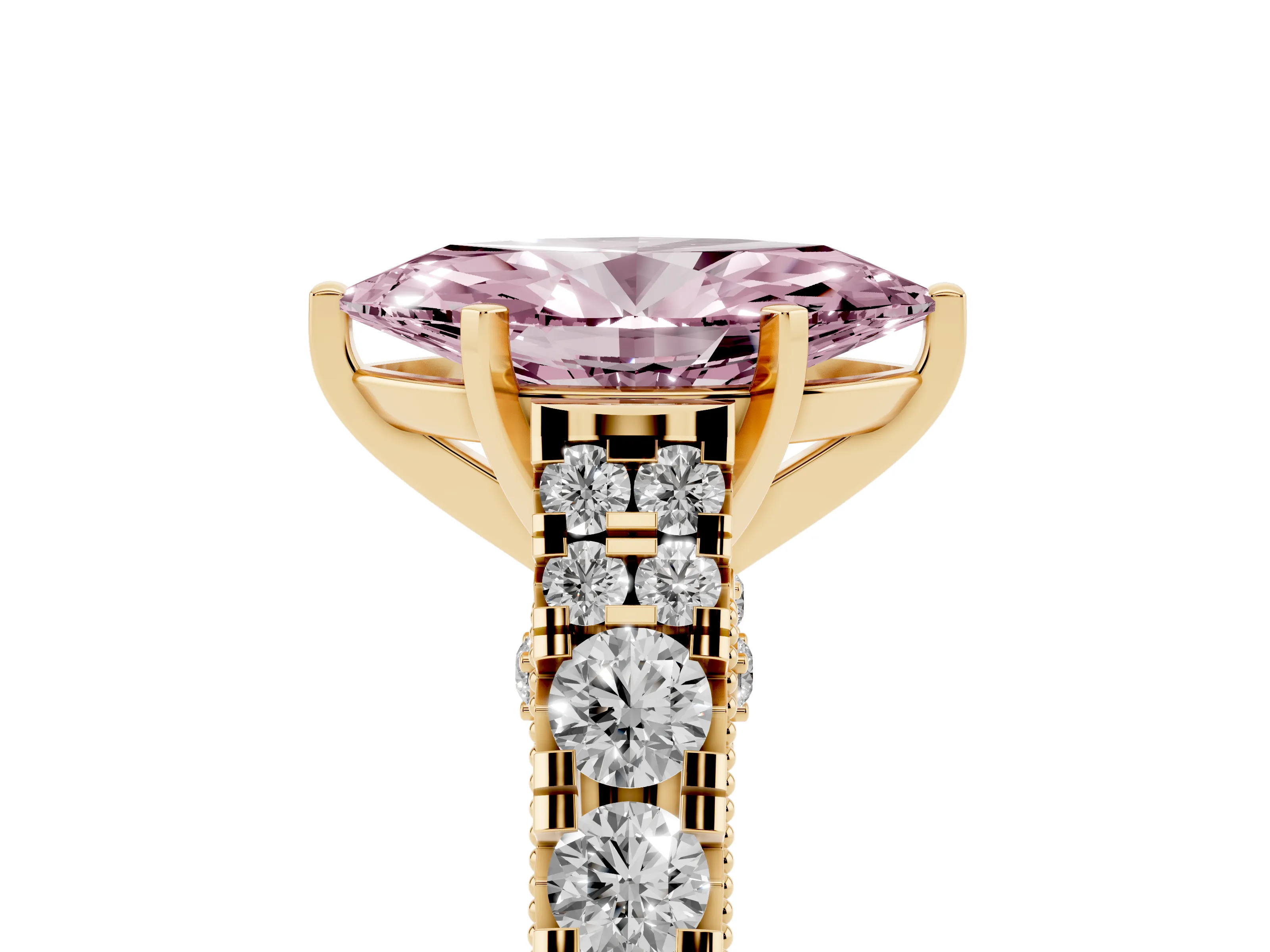 Fancy Pink Marquise Cut Diamond Classic Solitaire Ring Set in Yellow gold with Pavé Band and Prong Setting