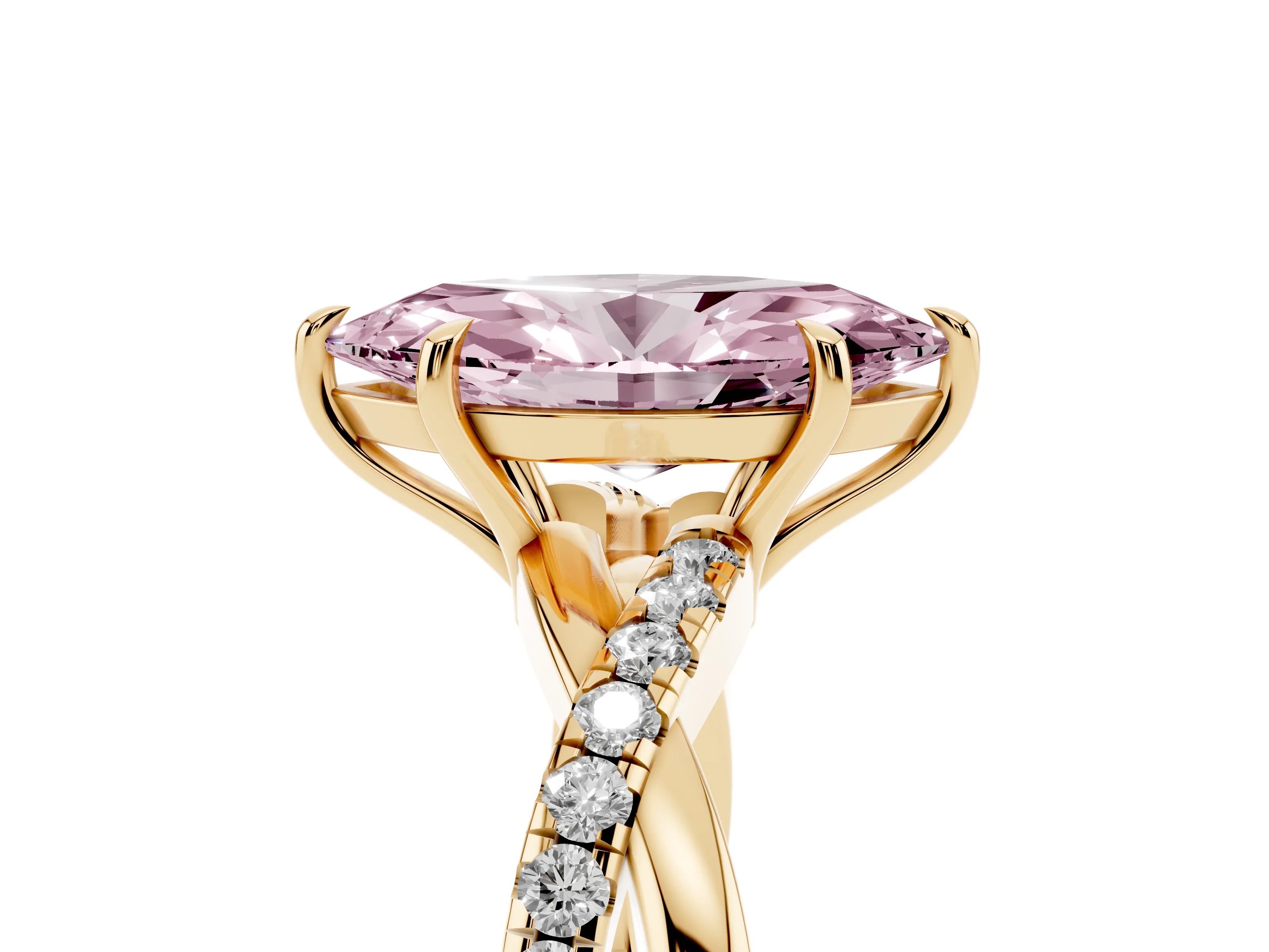 Fancy Pink Marquise Cut Diamond Twisted Pavé Band Ring Set in Yellow gold with Prong Setting