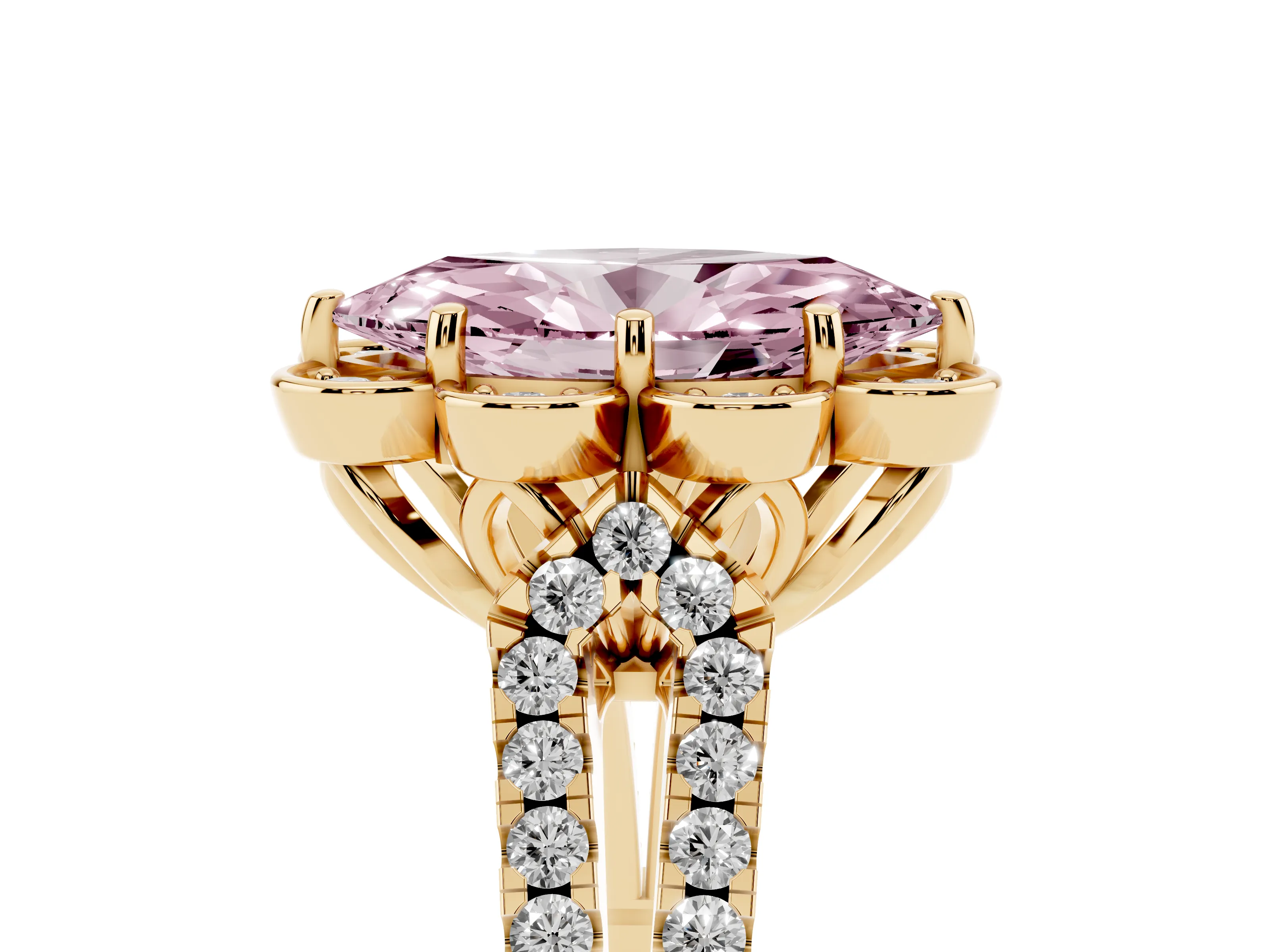 Fancy Pink Marquise Cut Diamond Floral Halo Split Shank Engagement Ring Set in Yellow gold with Pavé Shank