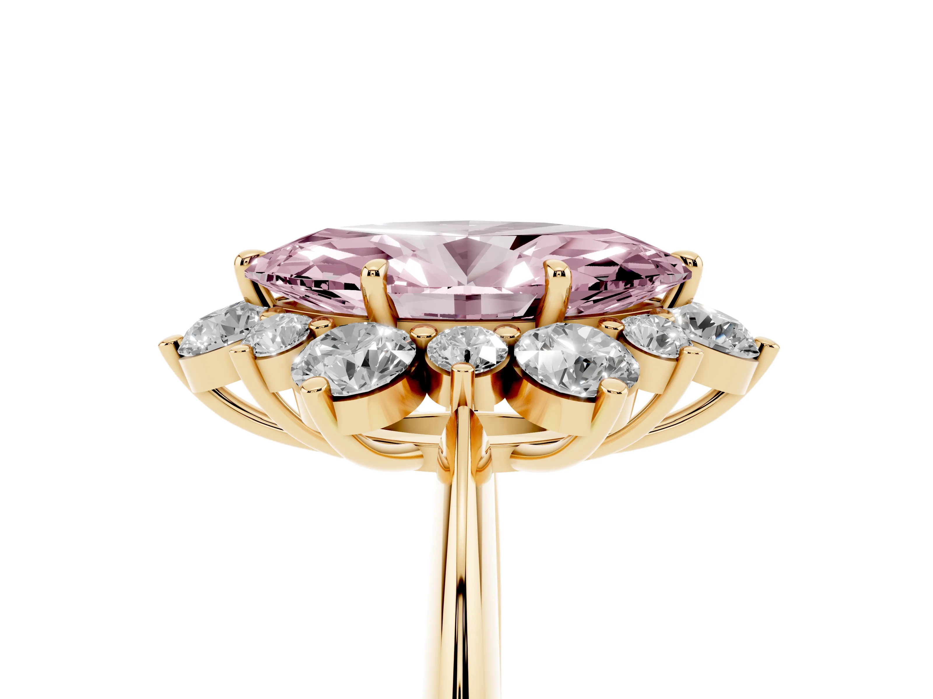Fancy Pink Marquise Cut Diamond Cluster Halo Ring Set in Yellow gold with Solitaire Band and Prong Setting