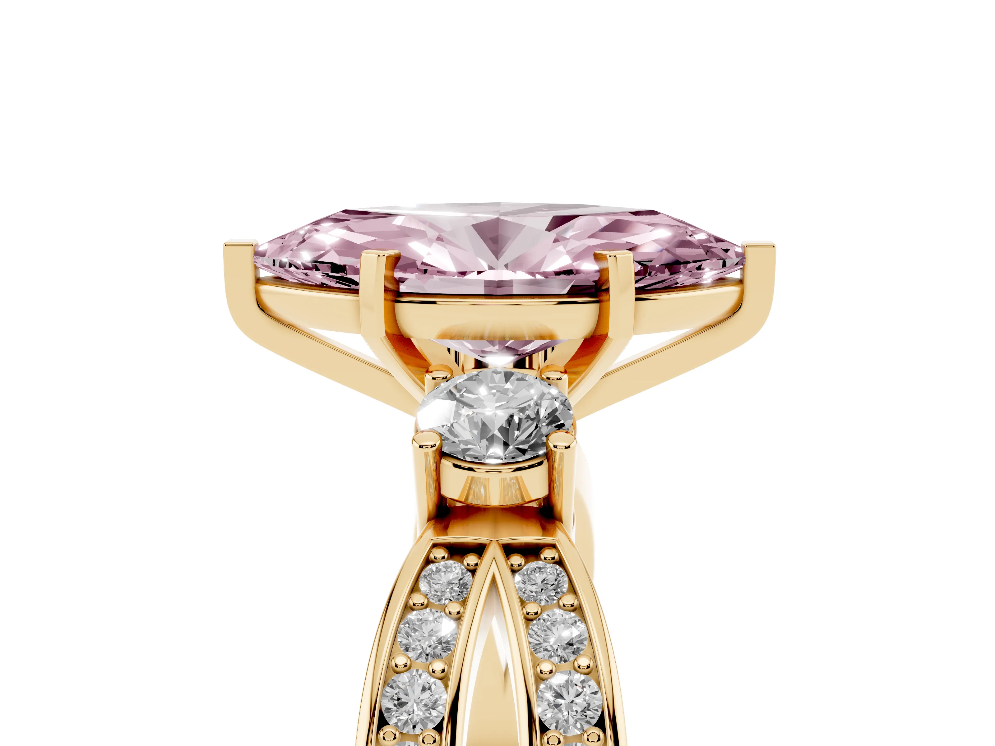 Fancy Pink Three-Stone Marquise Cut Diamond Twist Band Ring Set in Yellow gold with Pavé Accents and Prong Setting