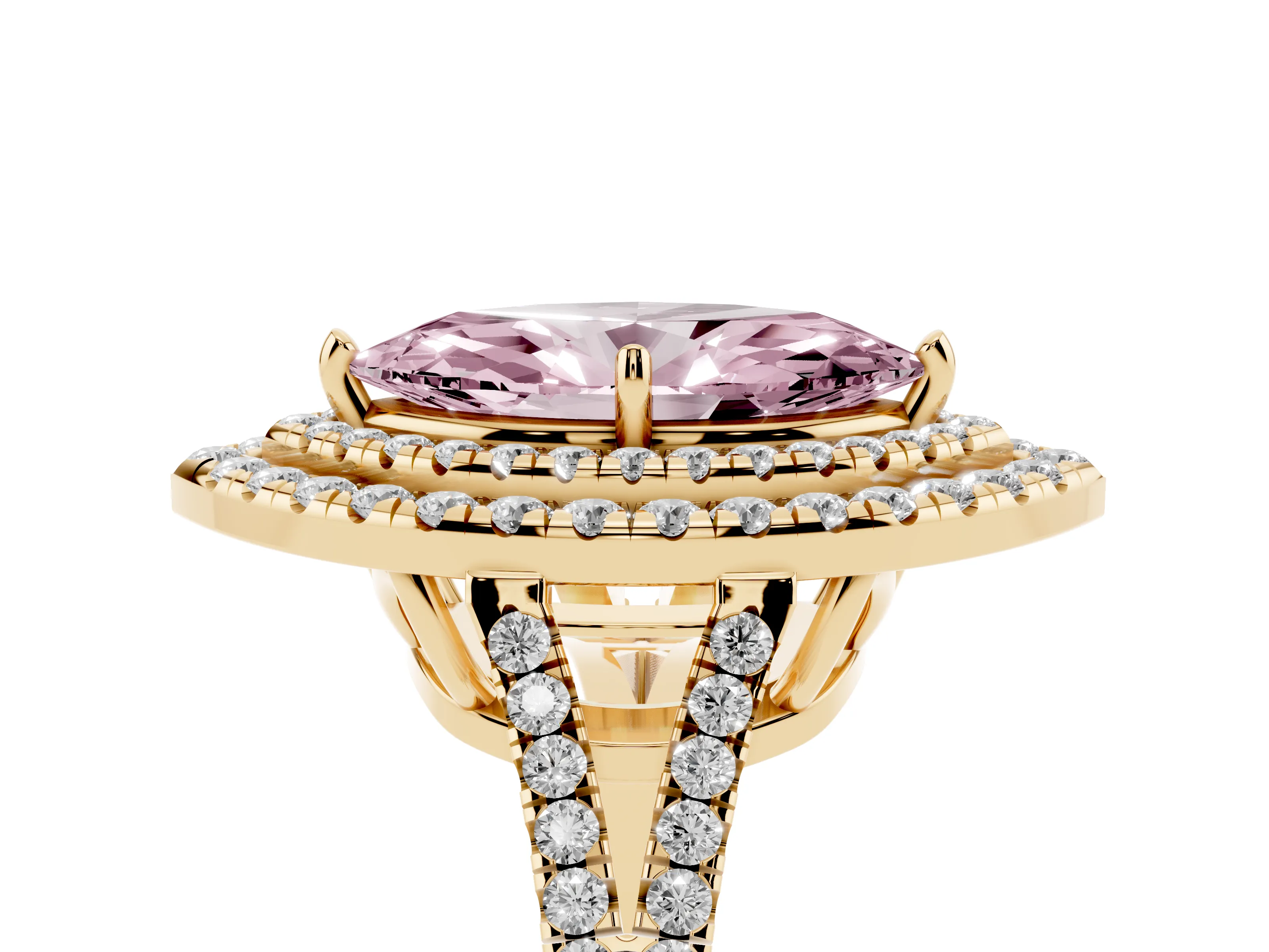 Fancy Pink Marquise Cut Diamond Double Halo Ring Set in Yellow gold with Pavé Band