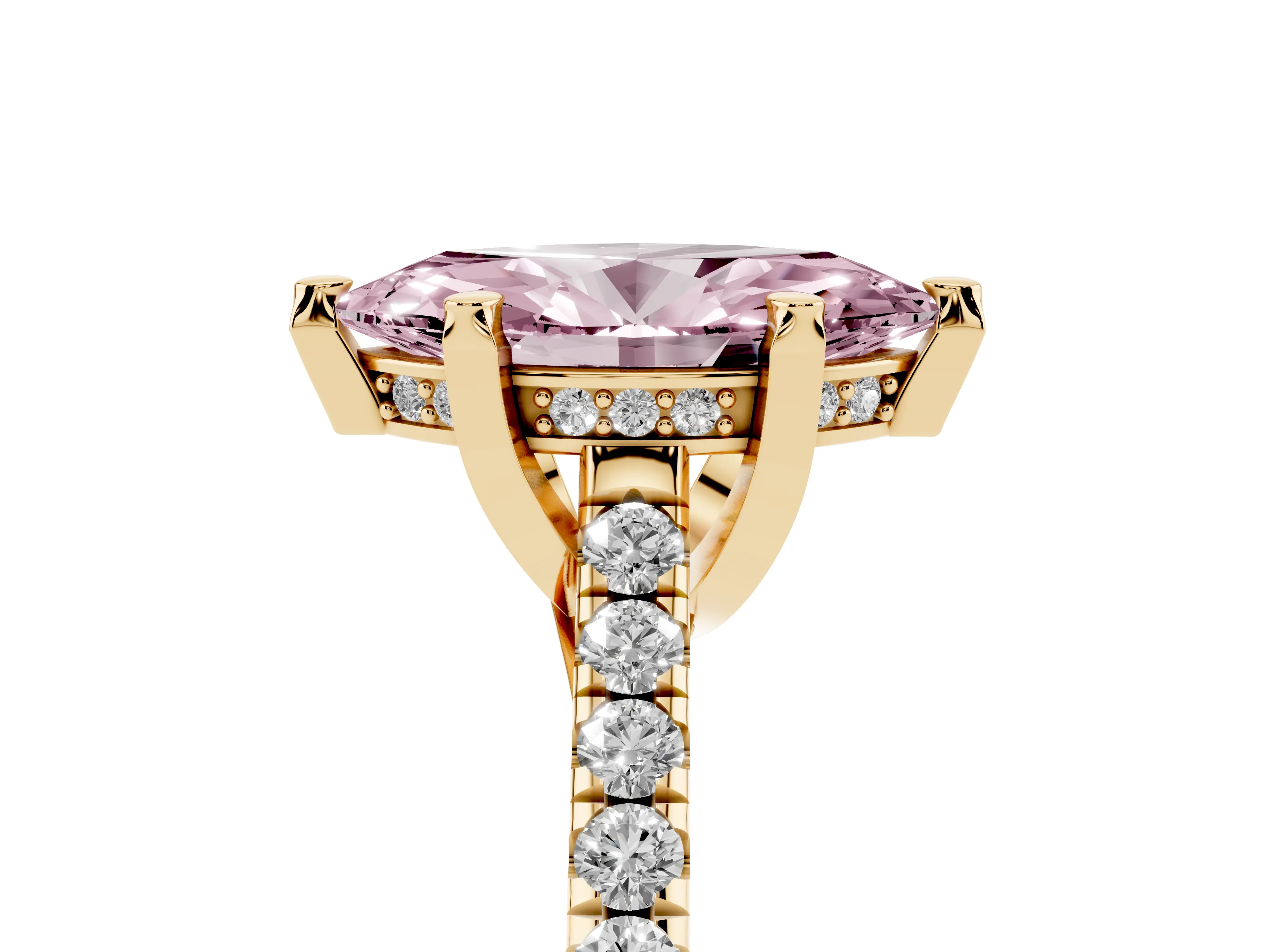 Fancy Pink Marquise Cut Diamond Solitaire Ring Set in Yellow gold with Brilliant Pavé Band and Prong Setting