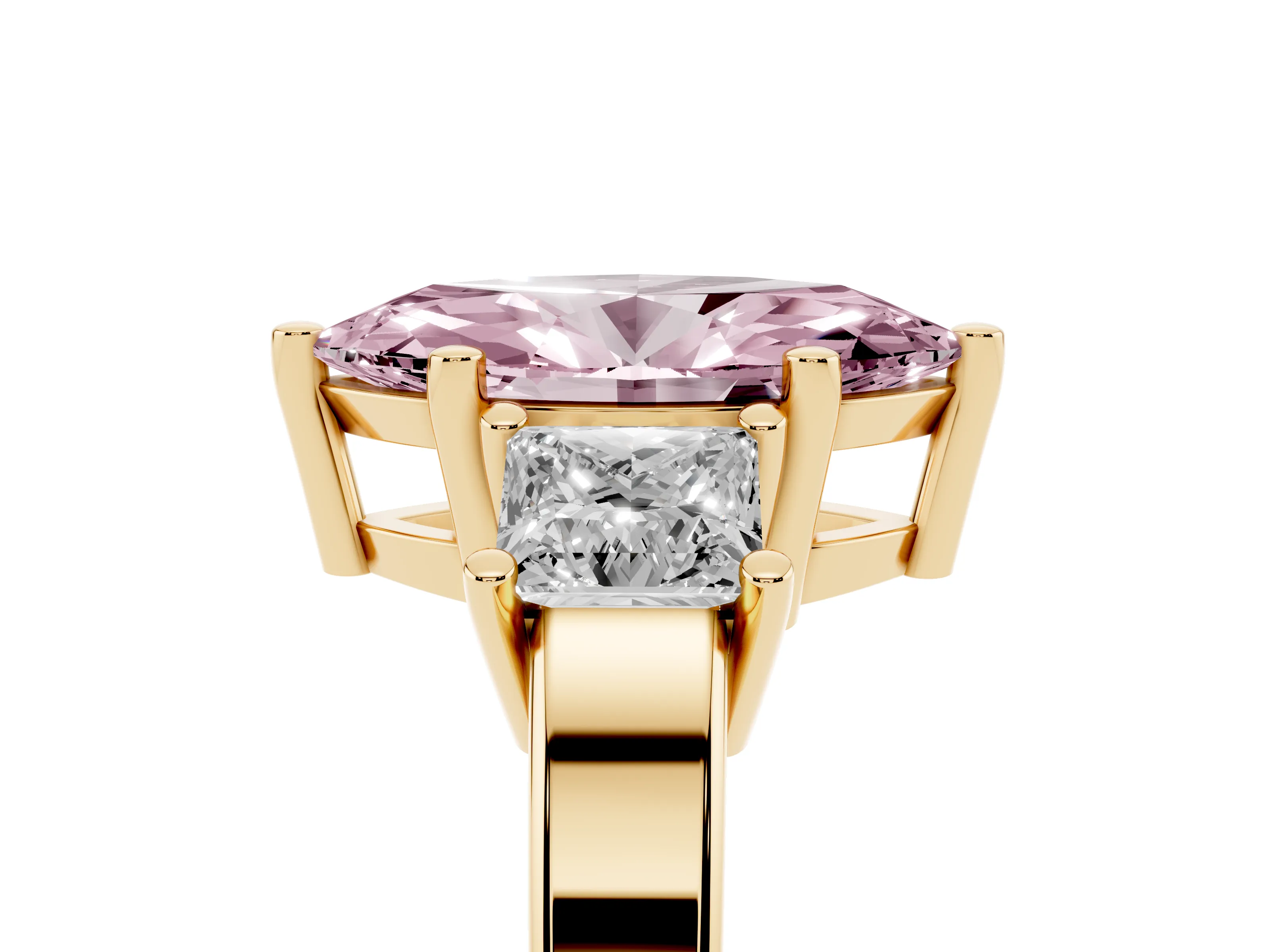 Fancy Pink Three-Stone Marquise Cut Diamond Solitaire Ring Set in Yellow gold with Prong Setting