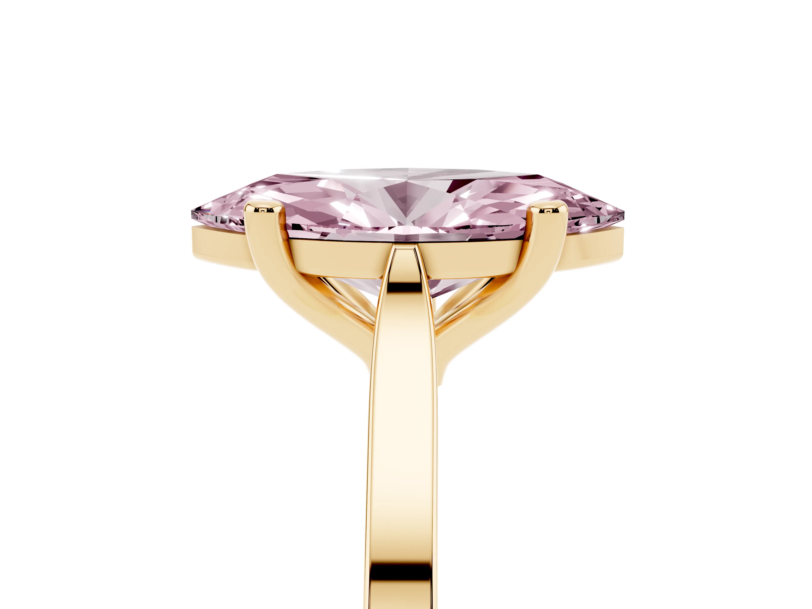 Fancy Pink Marquise Cut Diamond Solitaire Ring Set in Yellow gold with Prong Setting and Tapered Band
