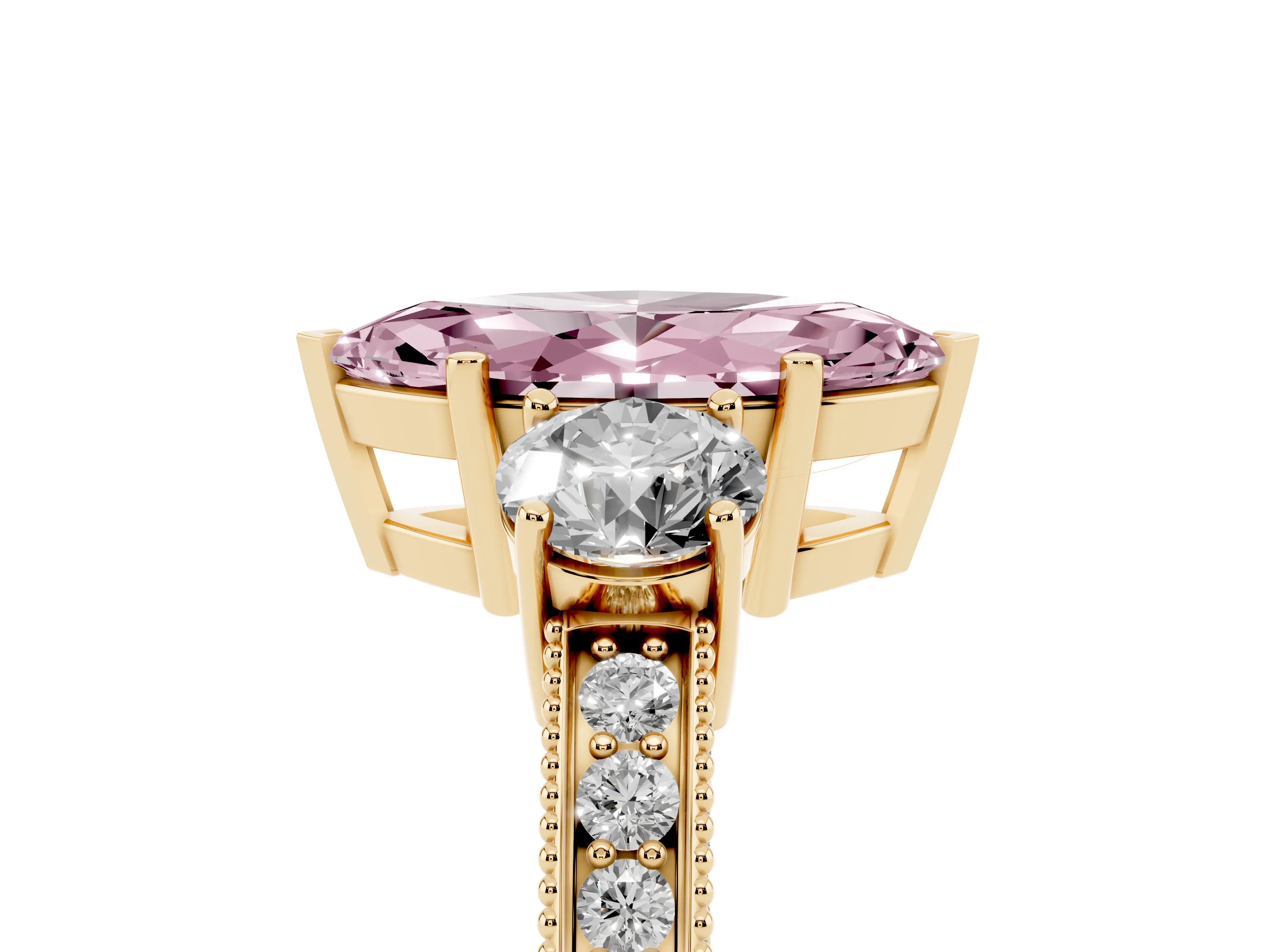 Fancy Pink Marquise Cut Diamond Three-Stone Ring Set in Yellow gold with Round Side Stones and Pavé Band