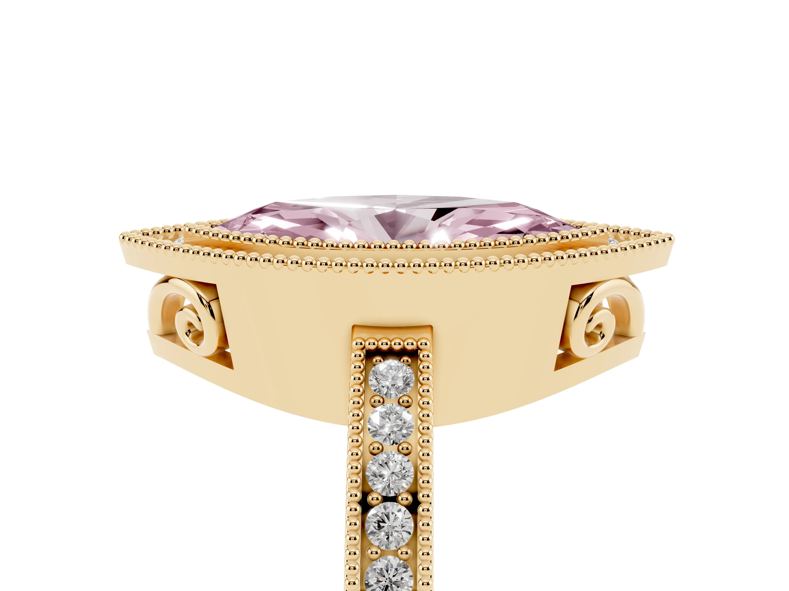 Fancy Pink Marquise Cut Diamond Halo Ring Set in Yellow gold with Pavé Band and Milgrain-Edged Prongs