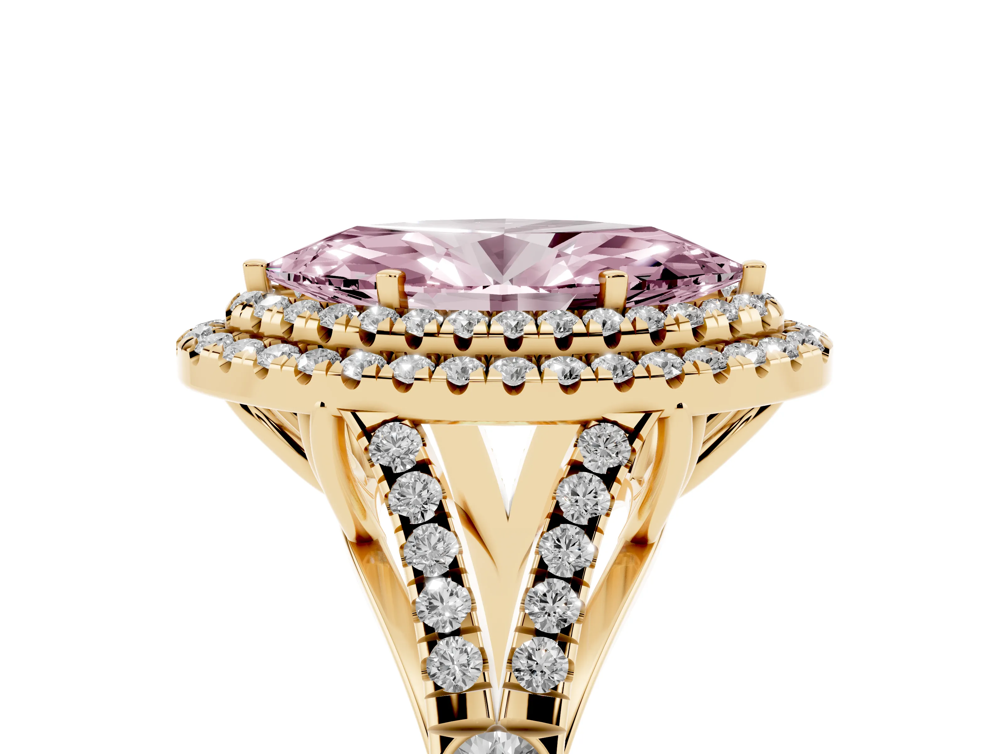 Fancy Pink Marquise Cut Diamond Pavé Split Shank Double Halo Engagement Ring Set in Yellow gold