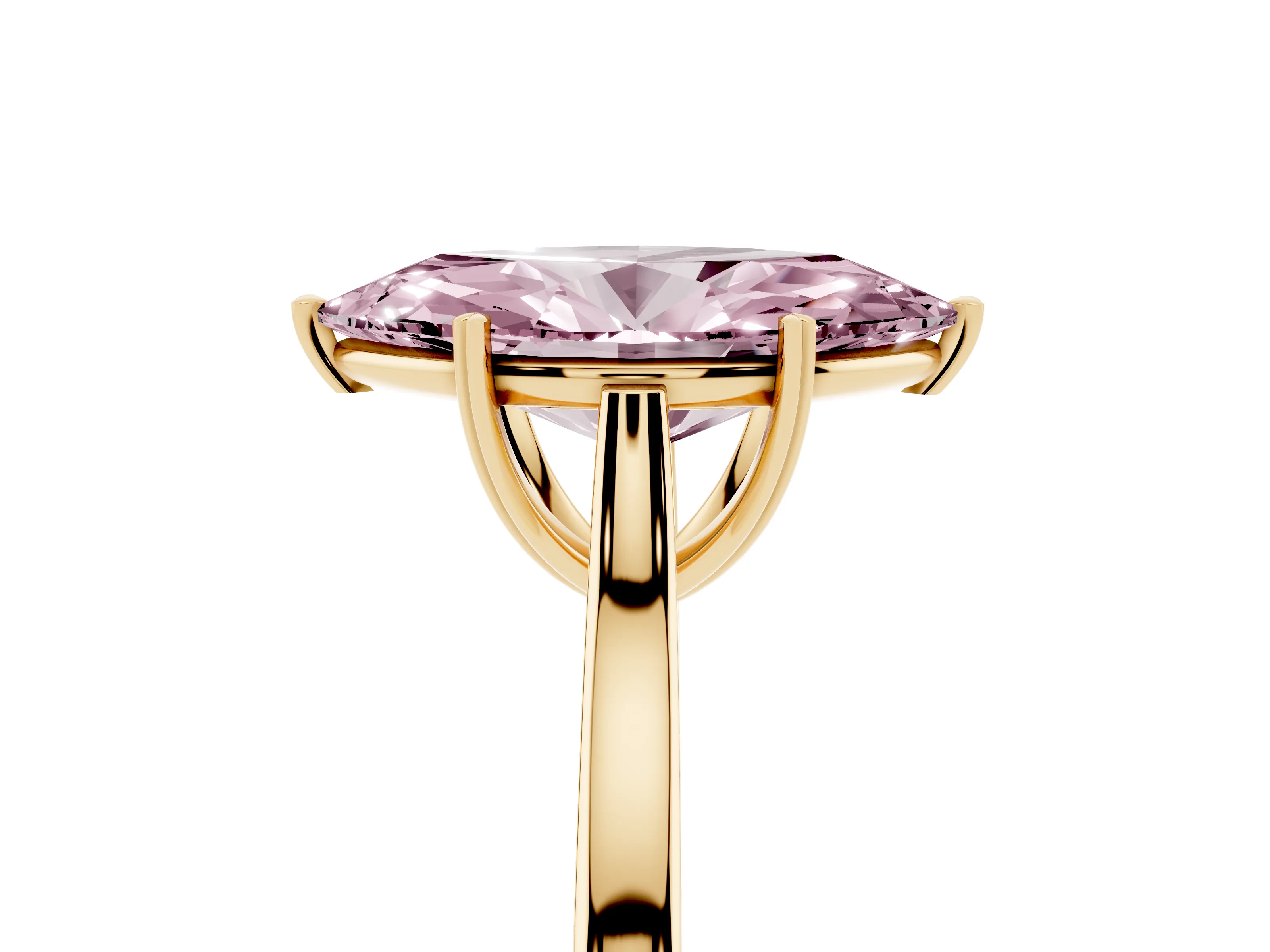 Fancy Pink Marquise Cut Diamond Solitaire Heart Prong Engagement Ring Set in Yellow gold with Tapered Band
