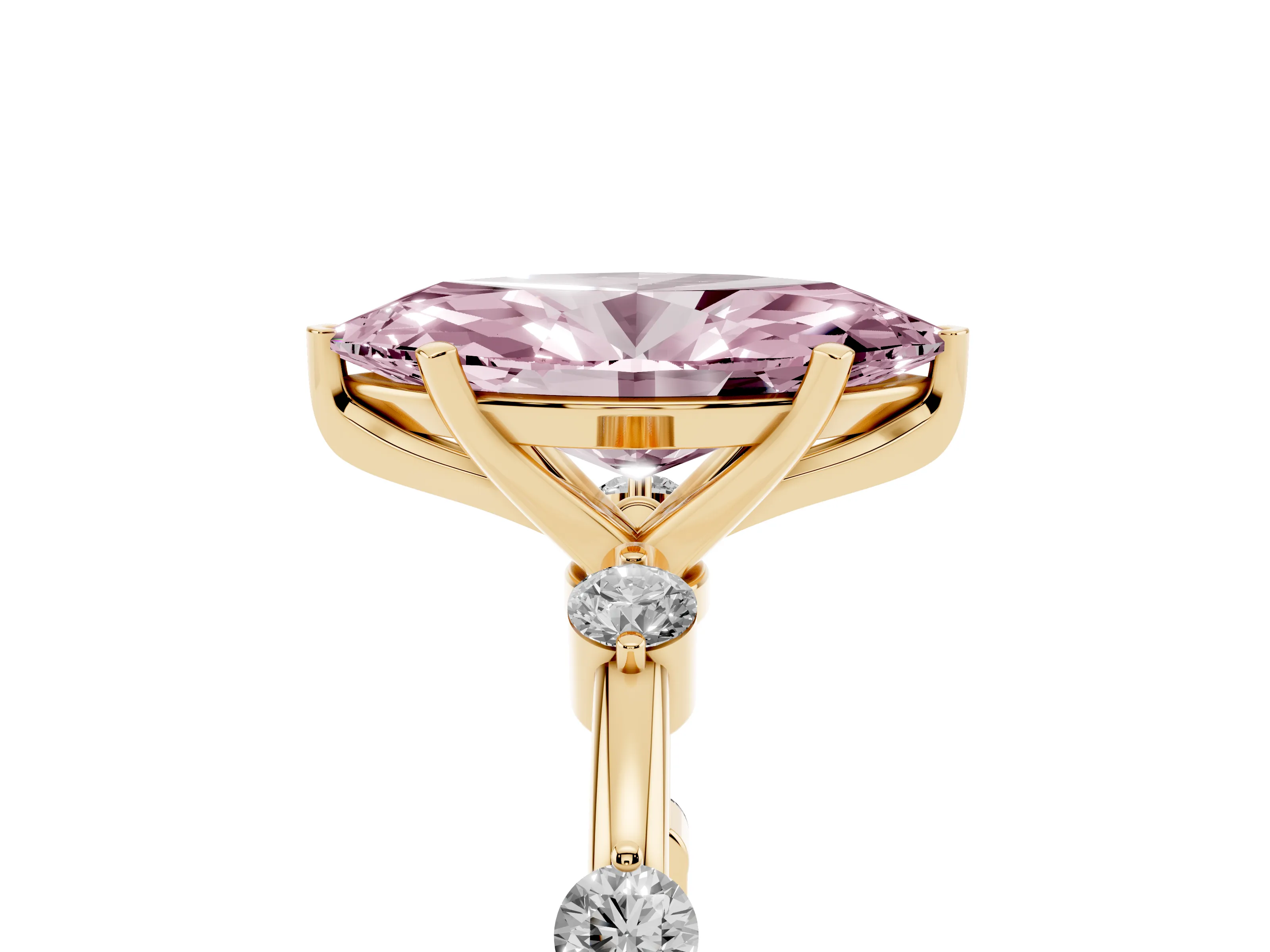 Fancy Pink Marquise Cut Diamond Solitaire Ring Set in Yellow gold with Bezel Set Side Stones and Prong Setting