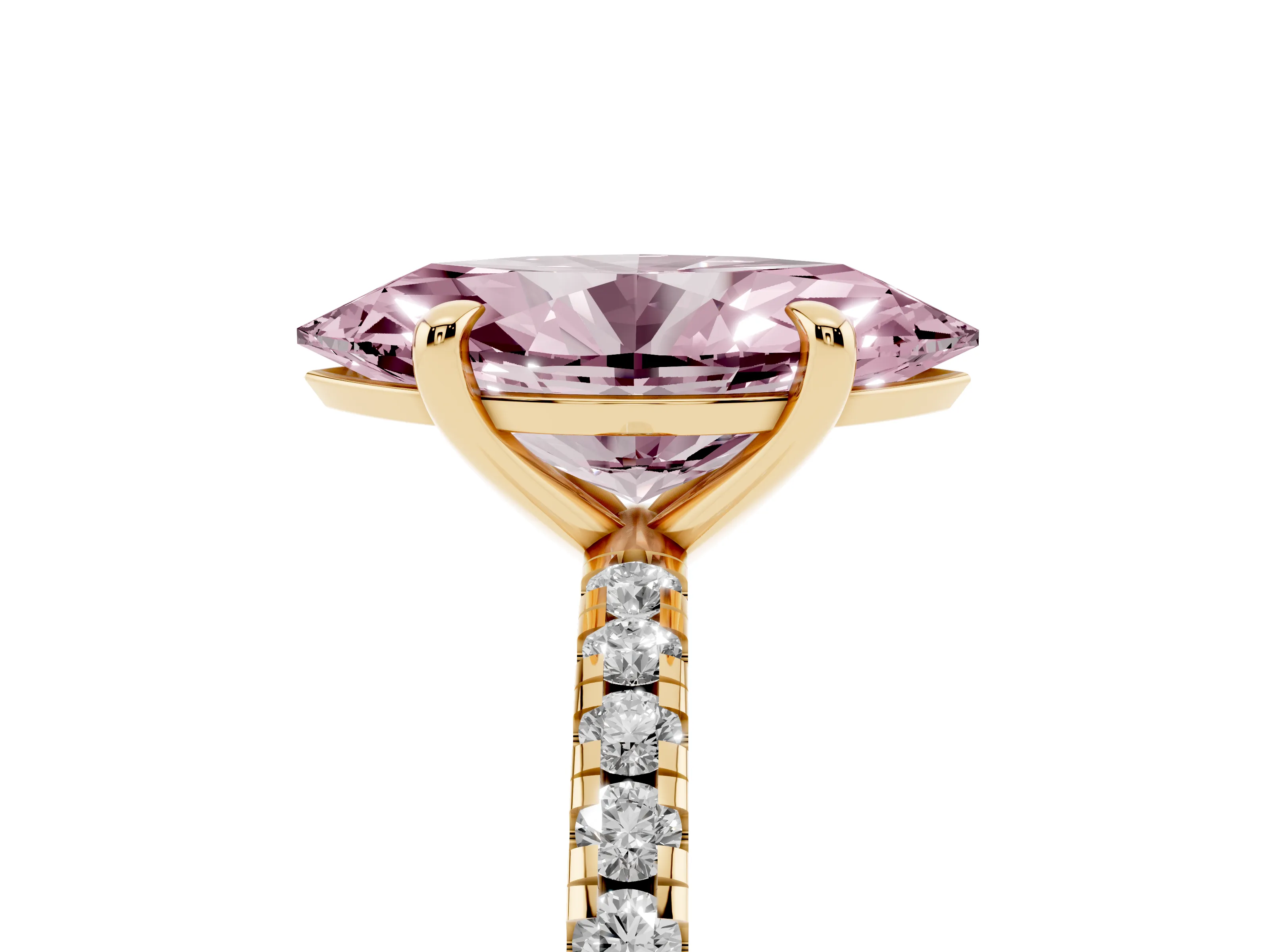 Fancy Pink Marquise Cut Diamond Brilliant Solitaire Ring Set in Yellow gold with Pavé Band and Prong Setting