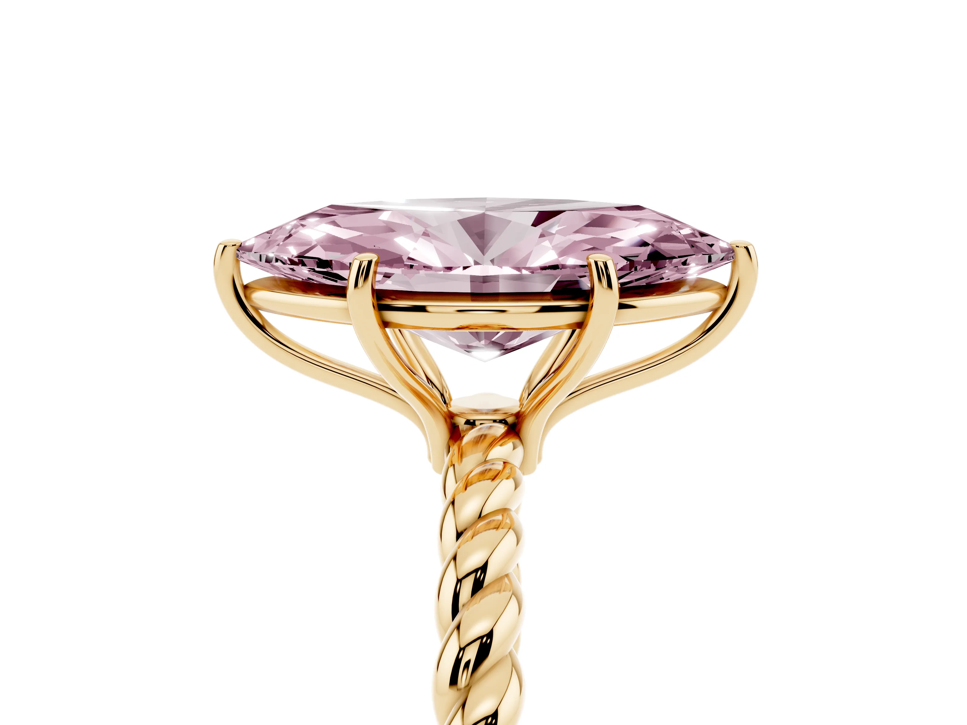 Fancy Pink Marquise Cut Diamond Solitaire Ring Set in Yellow gold with Twist Band and Prong Setting